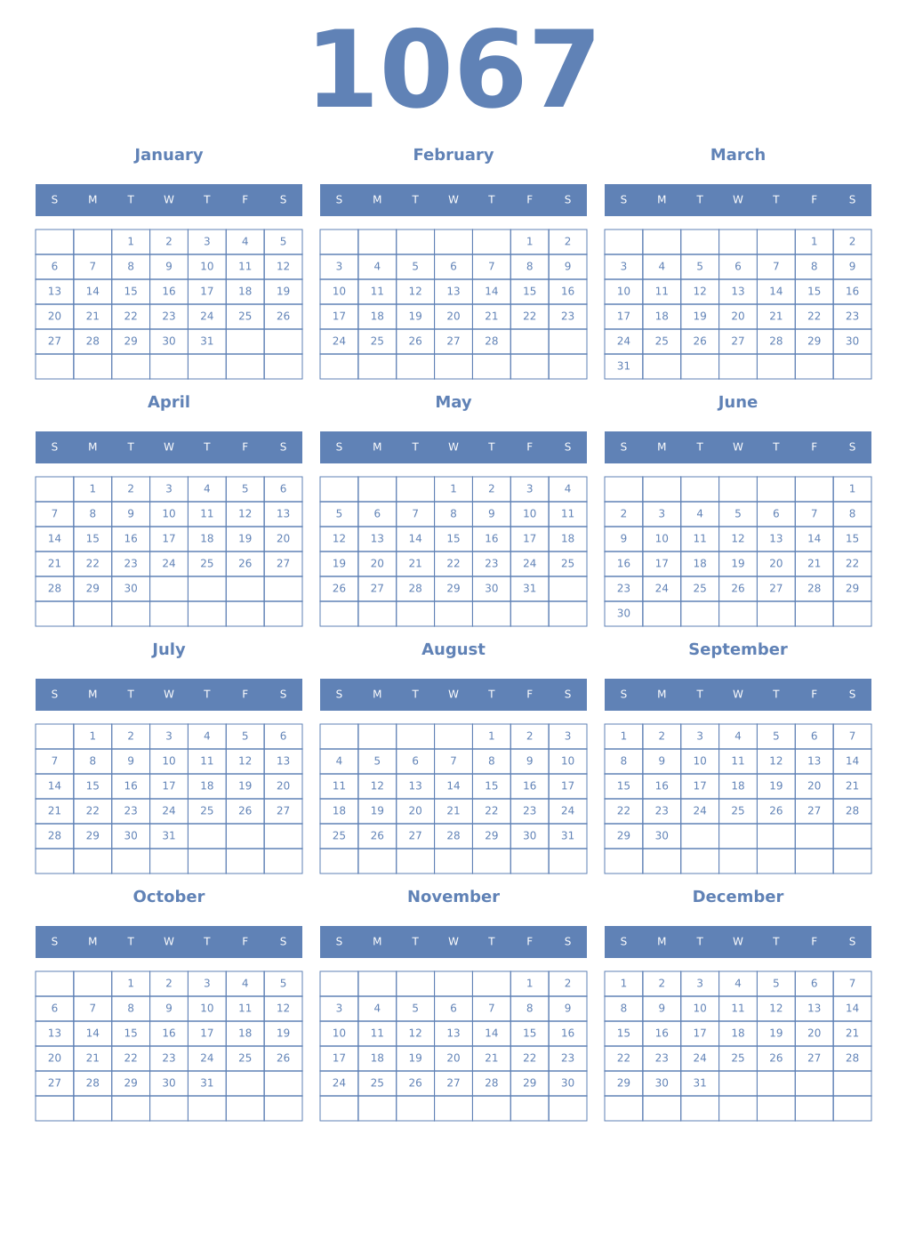 Printable 1067 Year Calendars glaucous