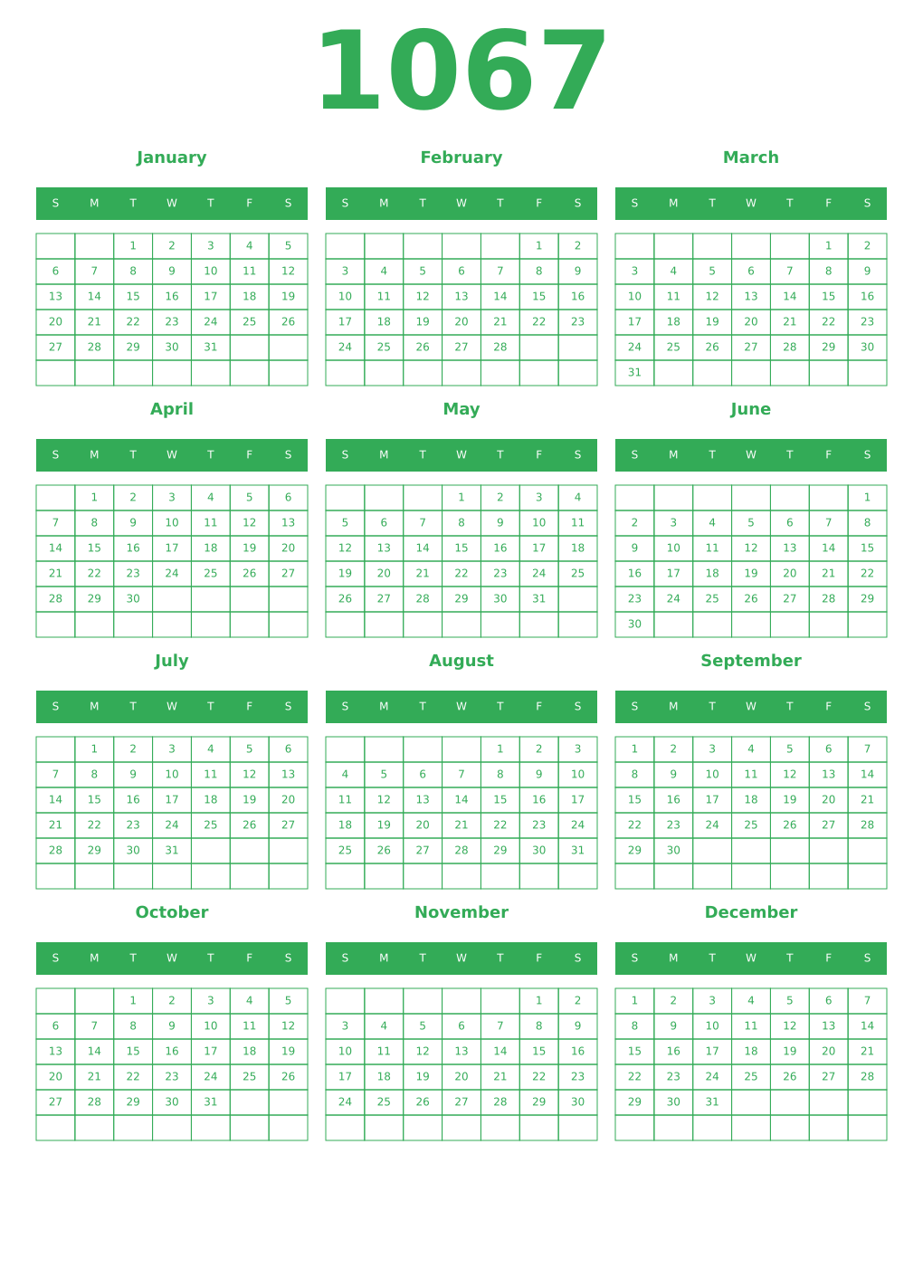Printable 1067 Year Calendars green