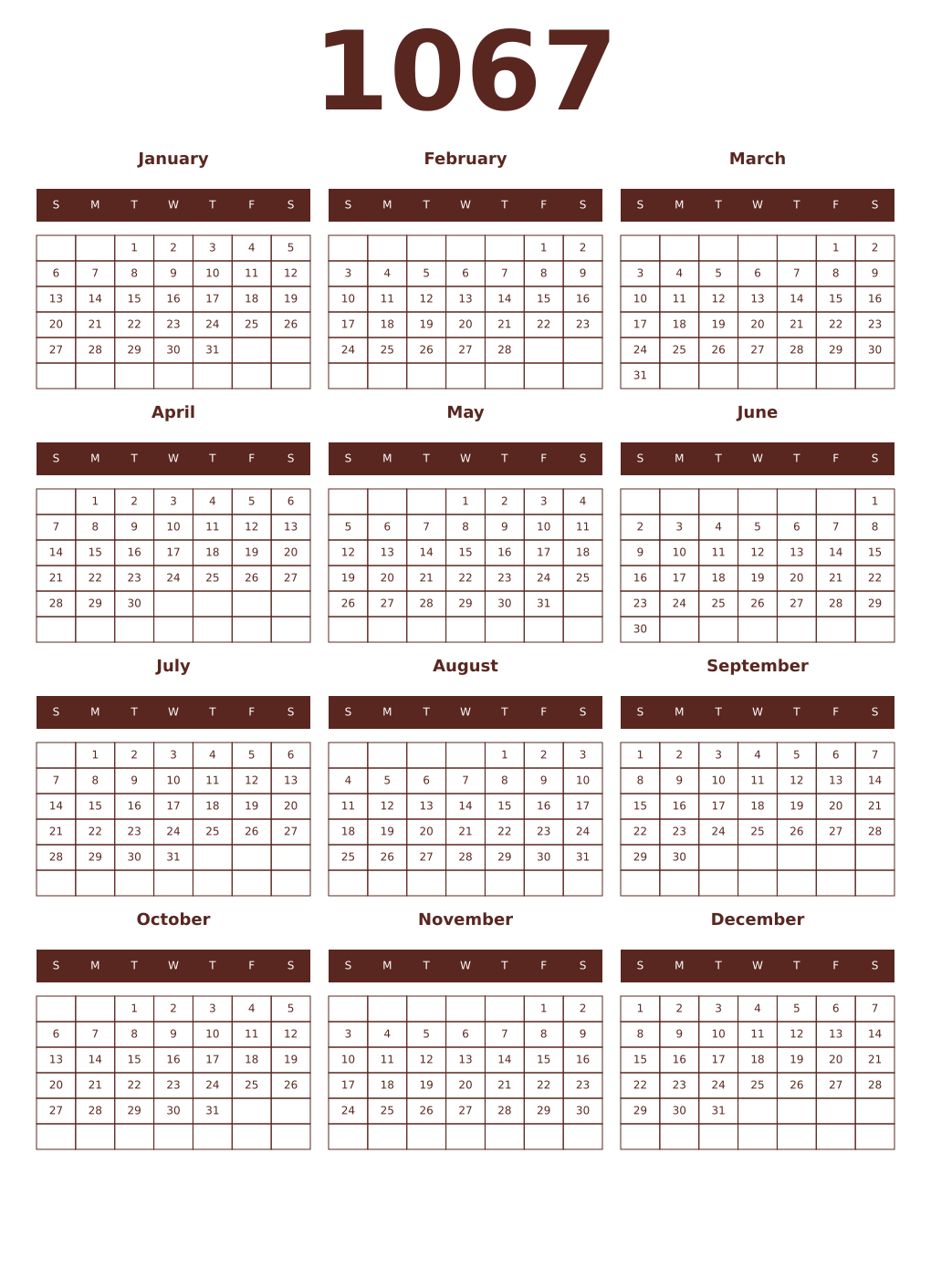 Printable 1067 Year Calendars mortuum
