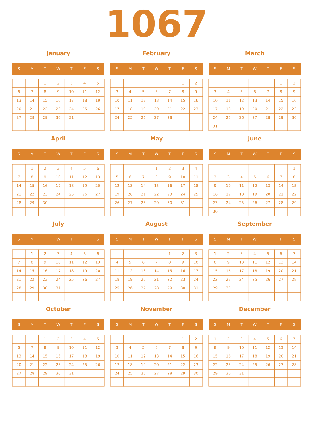 Printable 1067 Year Calendars orange
