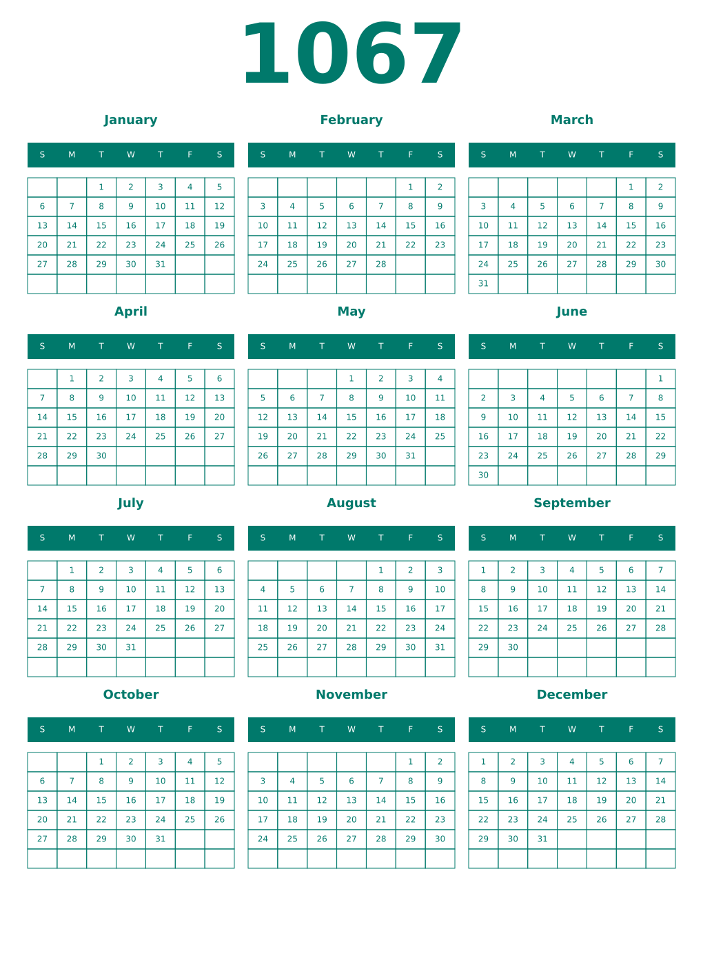 Printable 1067 Year Calendars pastel