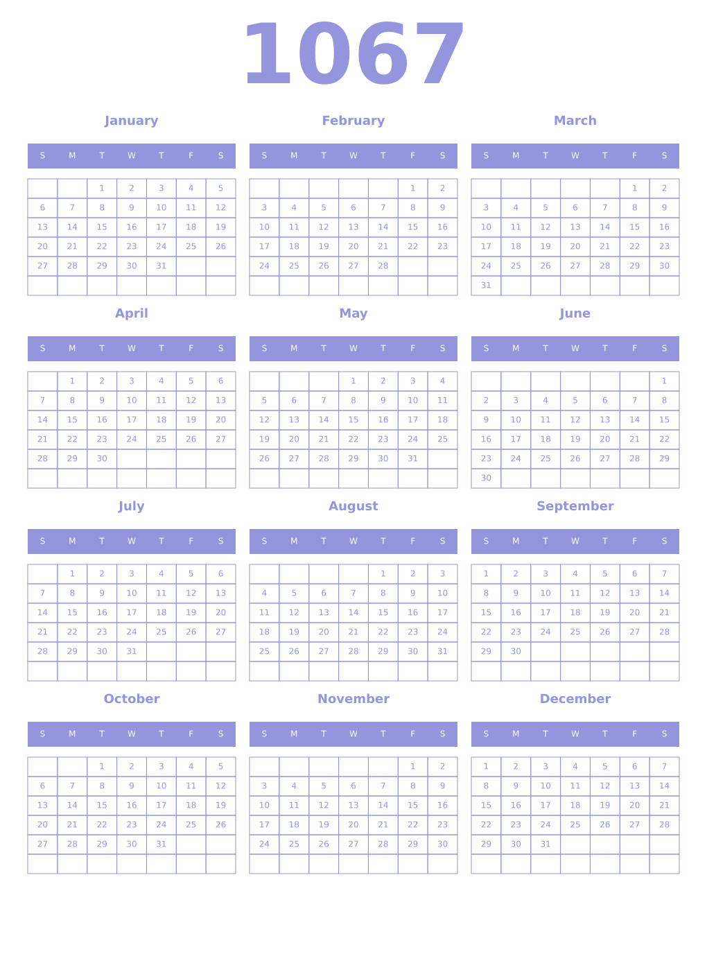 Printable 1067 Year Calendars periwinkle