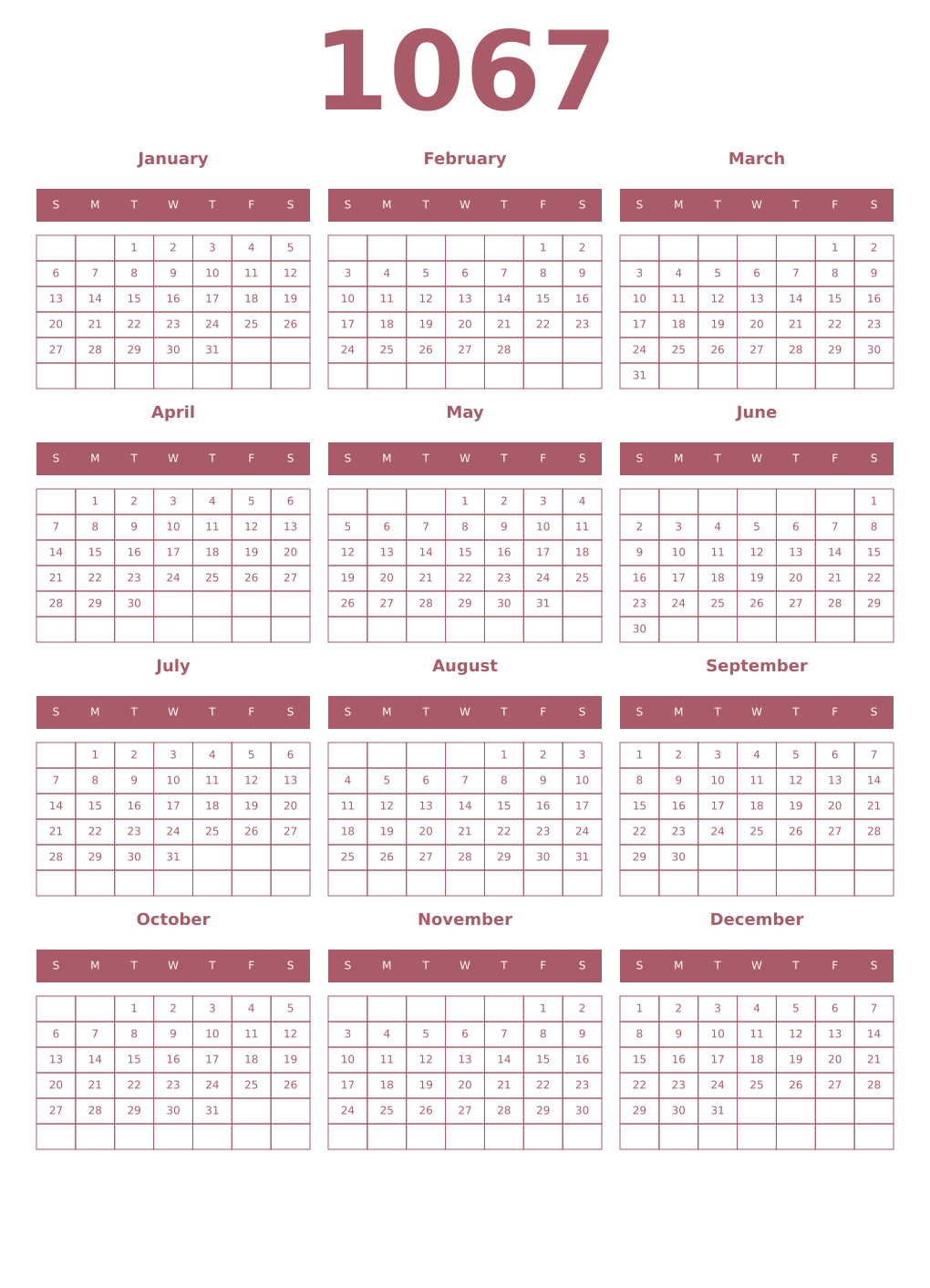 Printable 1067 Year Calendars puce