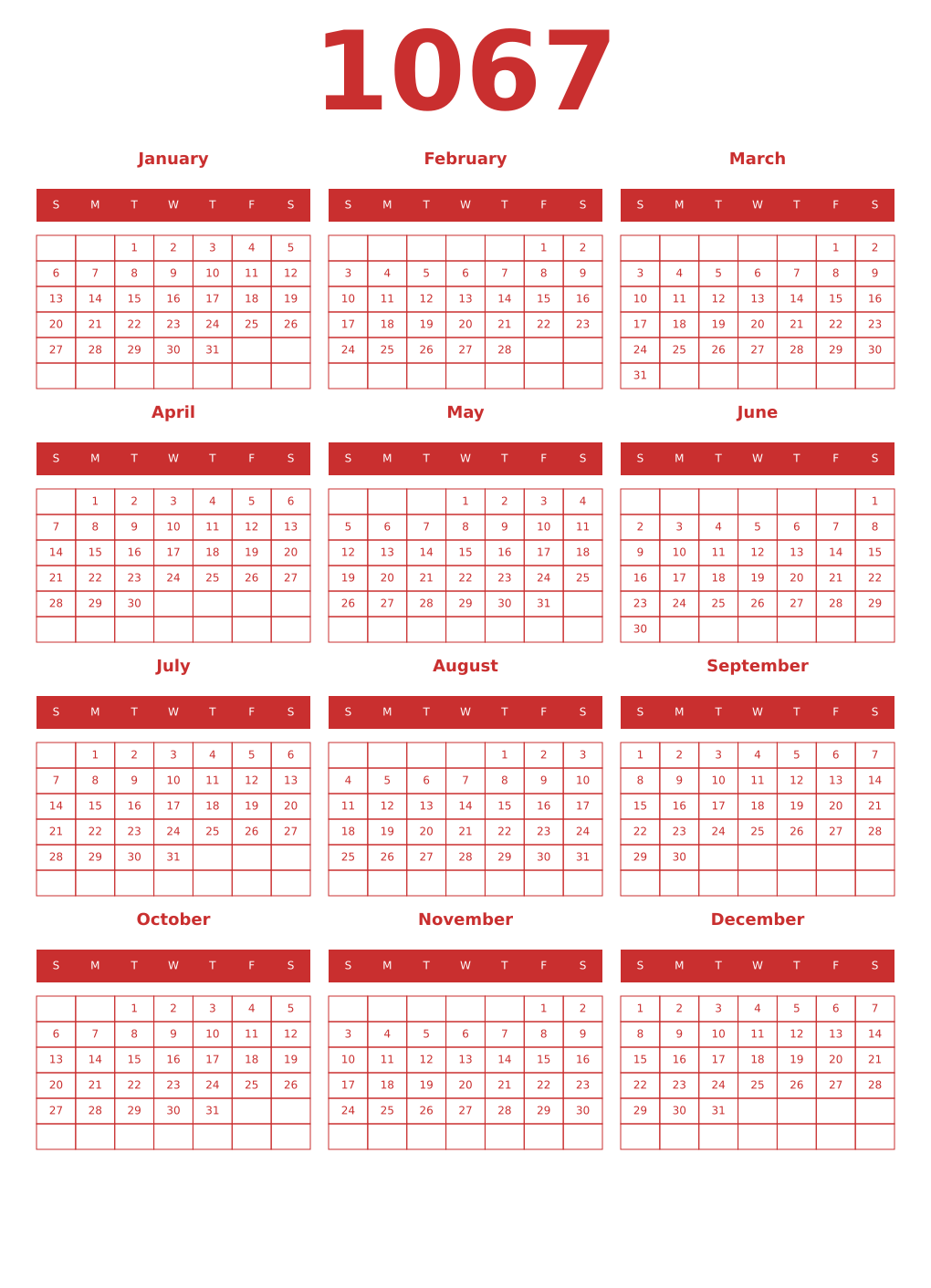 Printable 1067 Year Calendars red