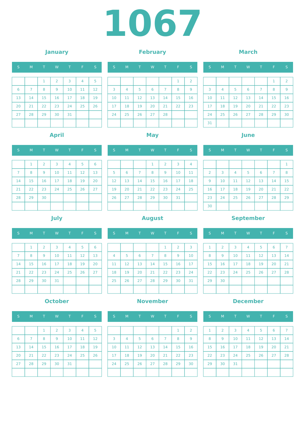 Printable 1067 Year Calendars verdigris