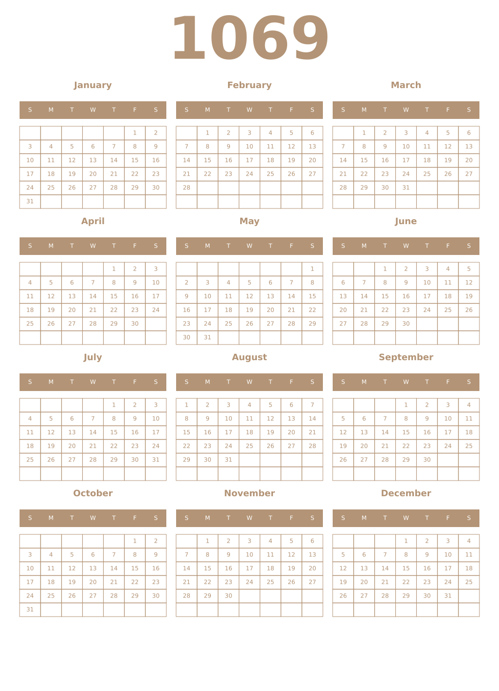Printable 1069 Year Calendars isabelline