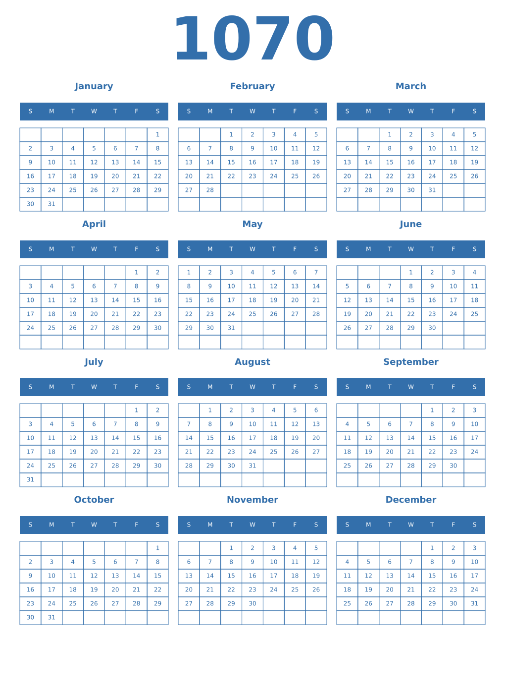 Printable 1070 Year Calendars blue