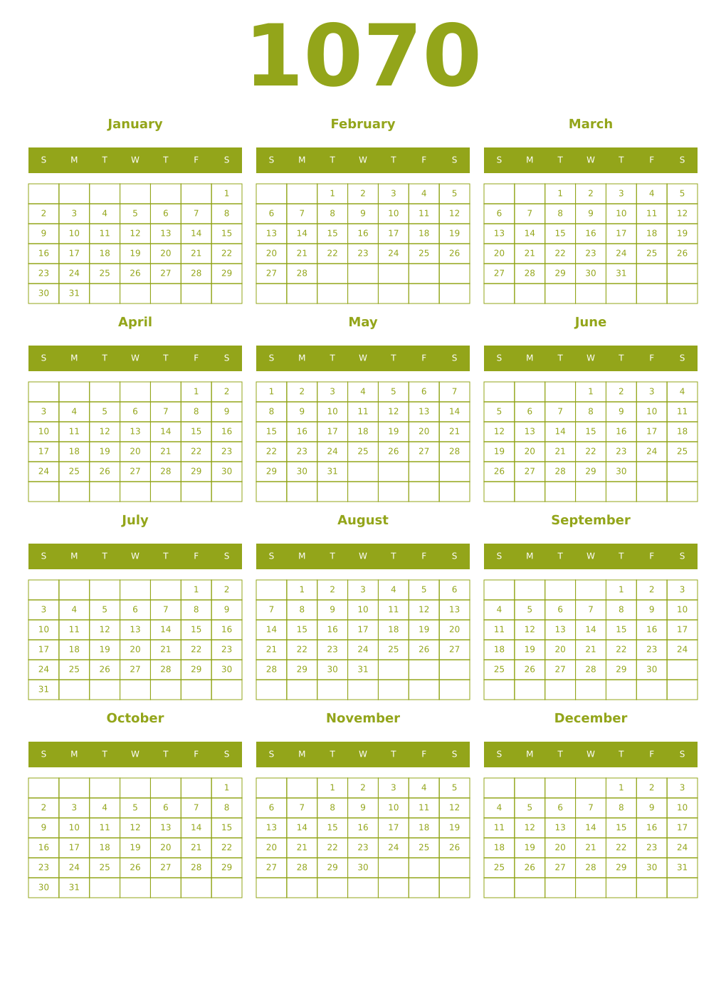 Printable 1070 Year Calendars chartreuse