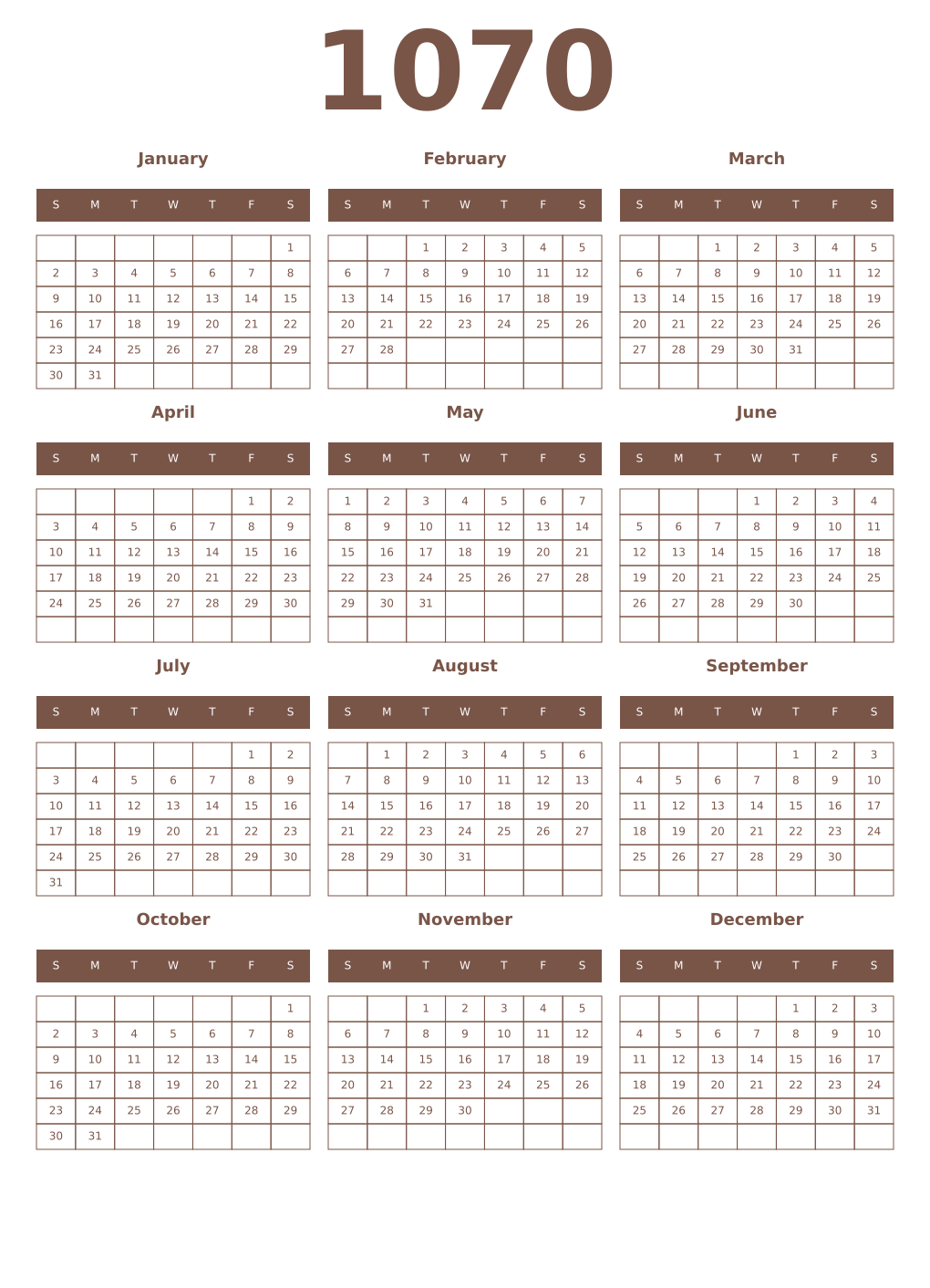 Printable 1070 Year Calendars coffe