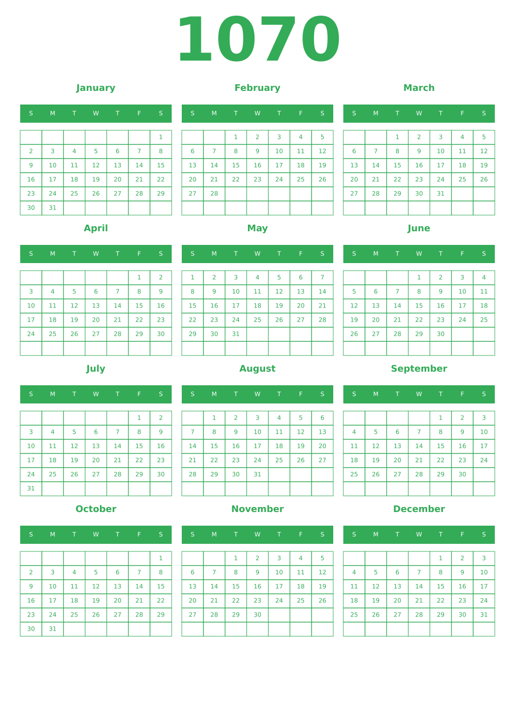 Printable 1070 Year Calendars green