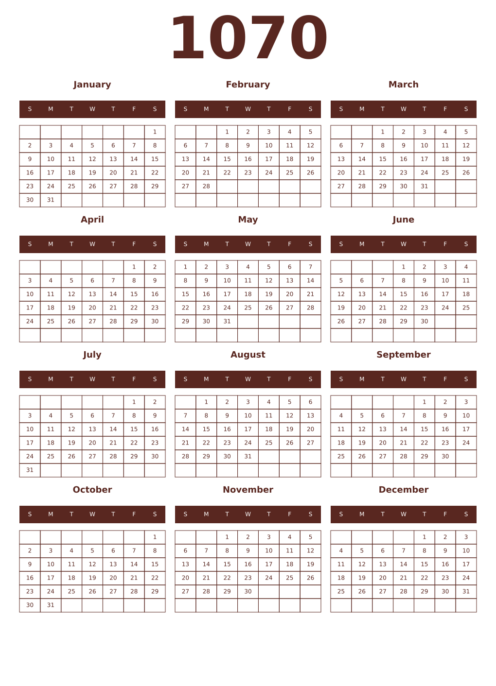 Printable 1070 Year Calendars mortuum