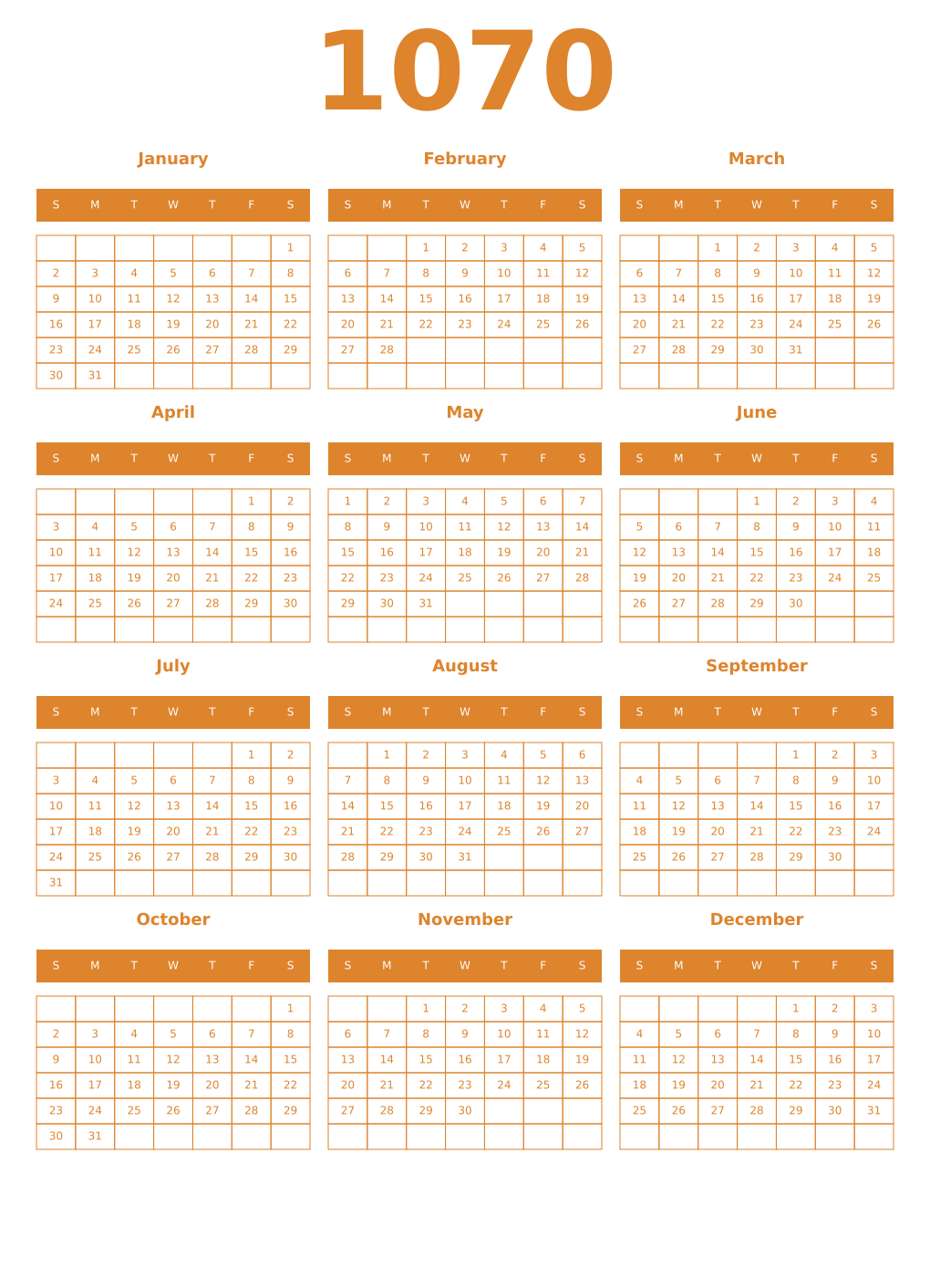 Printable 1070 Year Calendars orange
