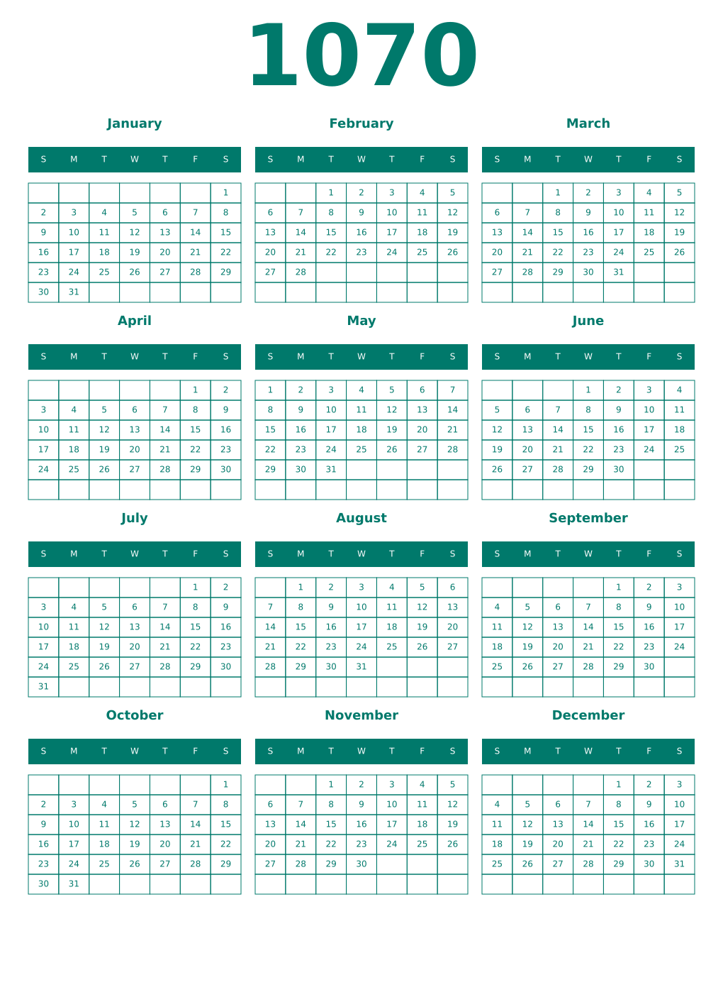 Printable 1070 Year Calendars pastel