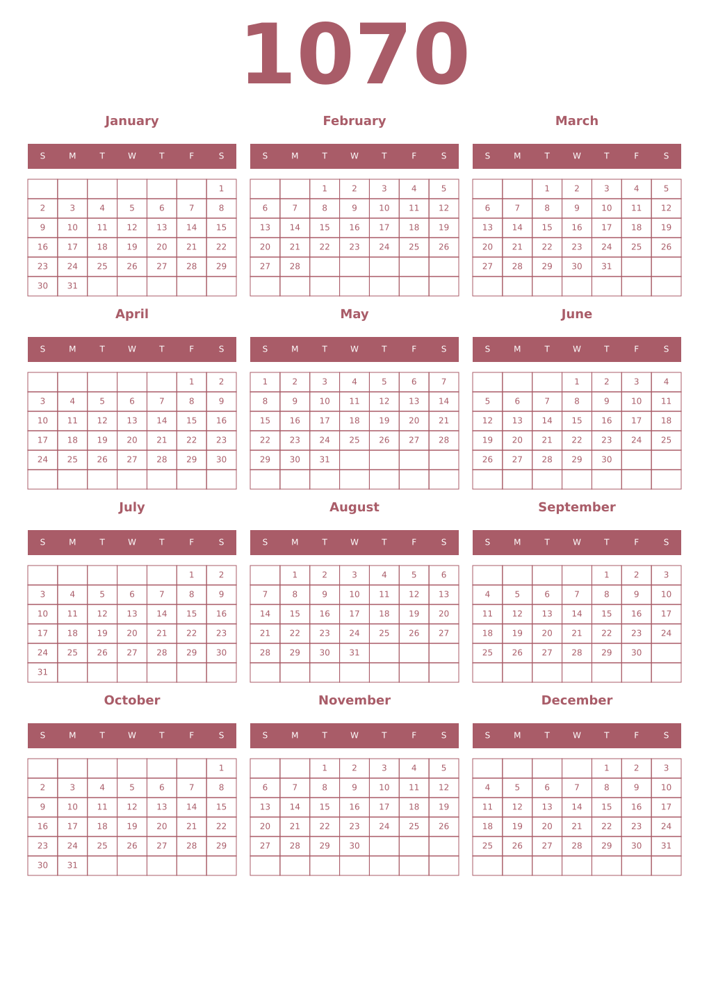 Printable 1070 Year Calendars puce