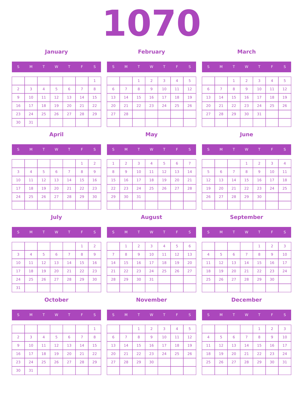 Printable 1070 Year Calendars purple