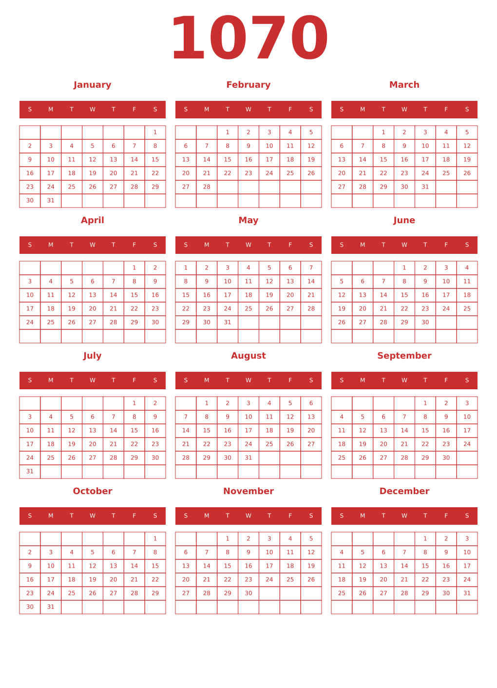 Printable 1070 Year Calendars red