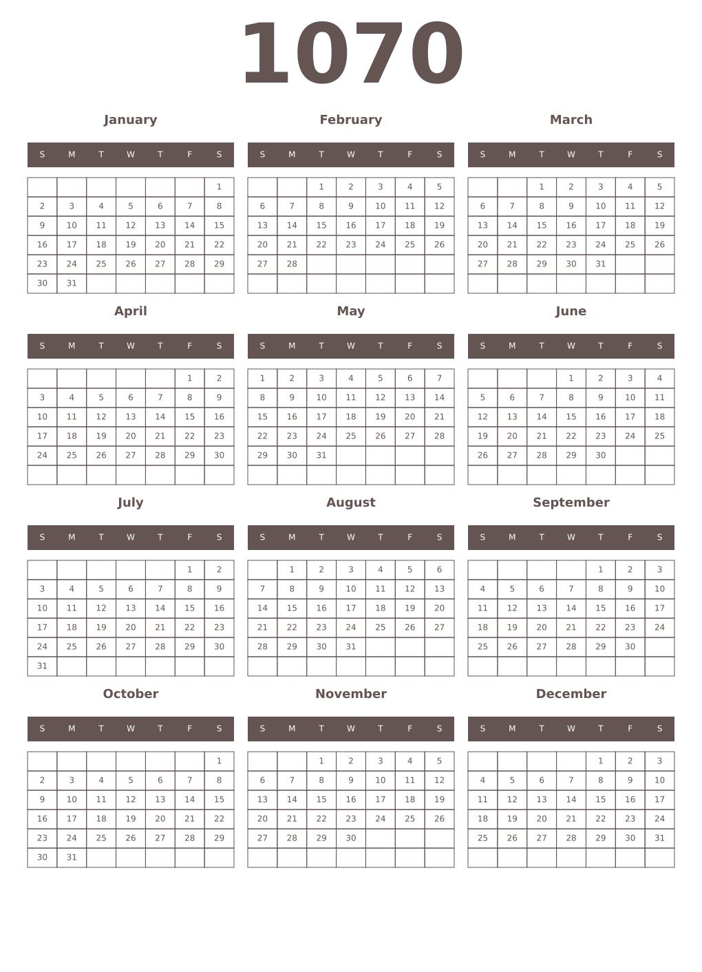 Printable 1070 Year Calendars wenge