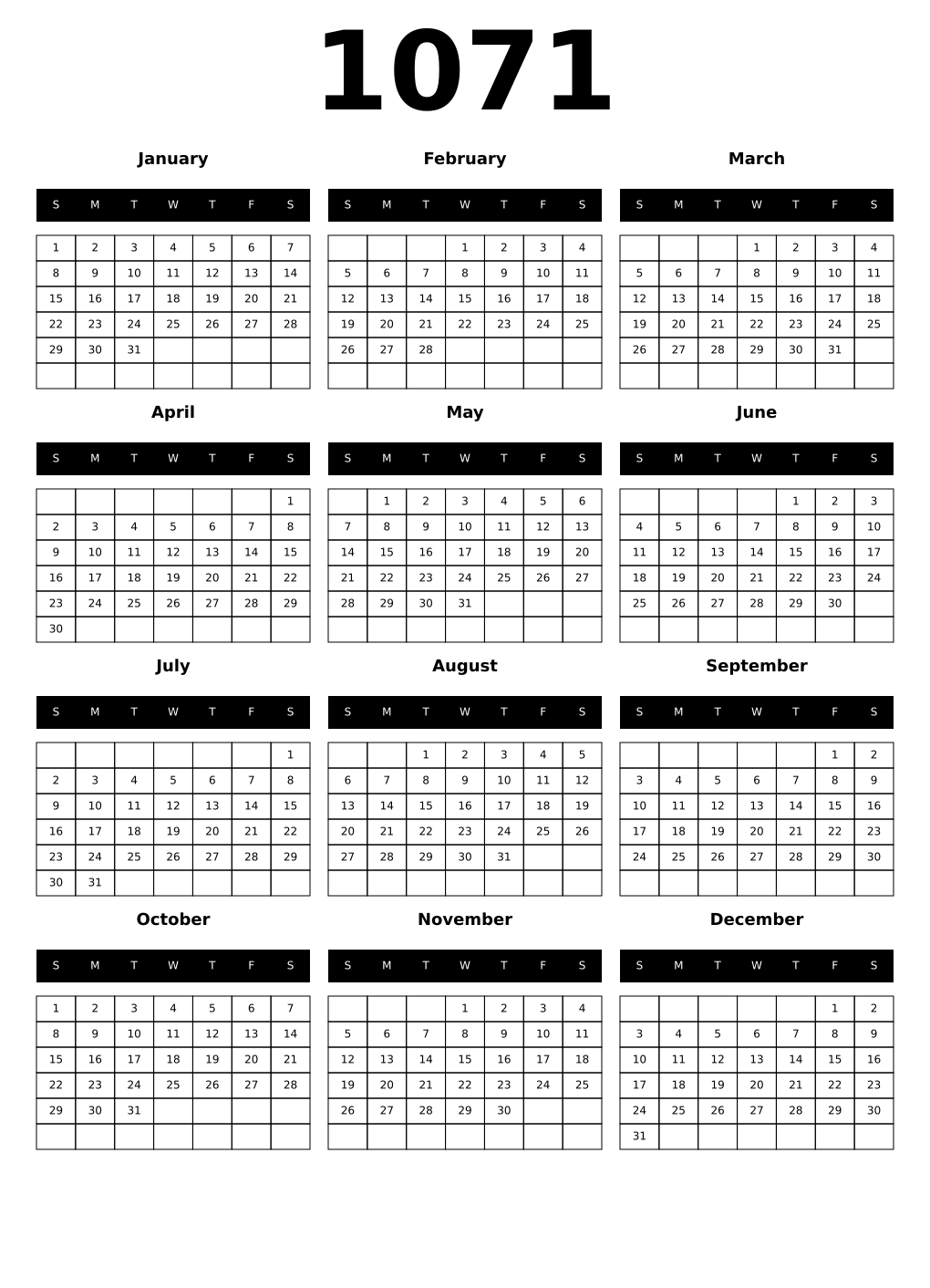 Printable 1071 Calendars