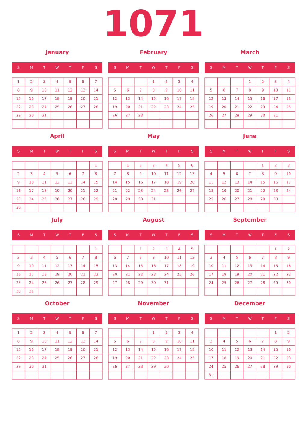 Printable 1071 Year Calendars amaranth