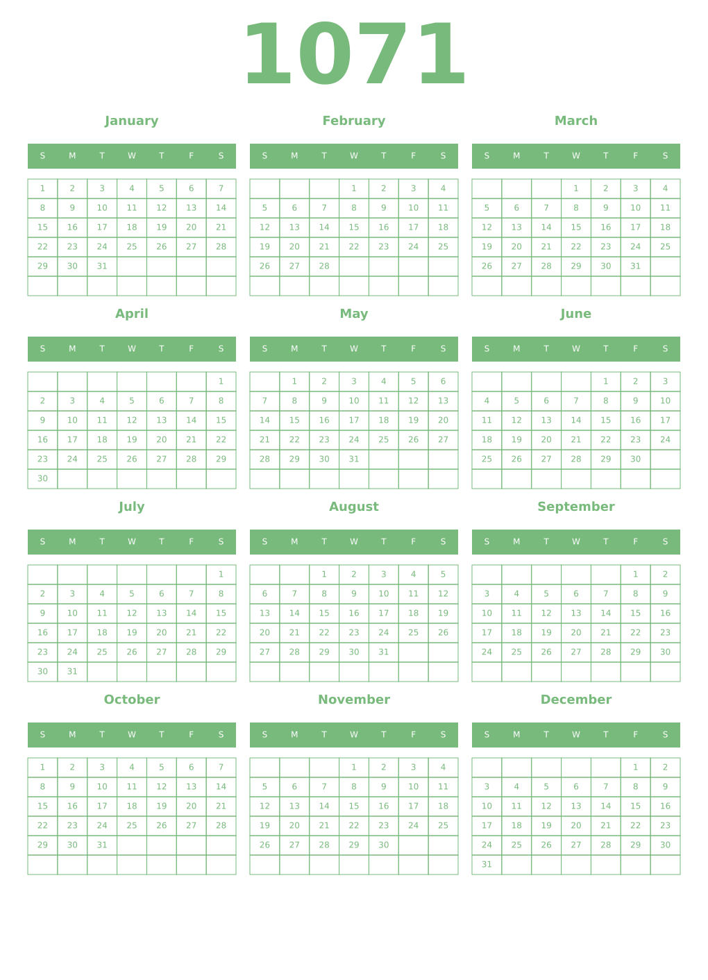 Printable 1071 Year Calendars celadon