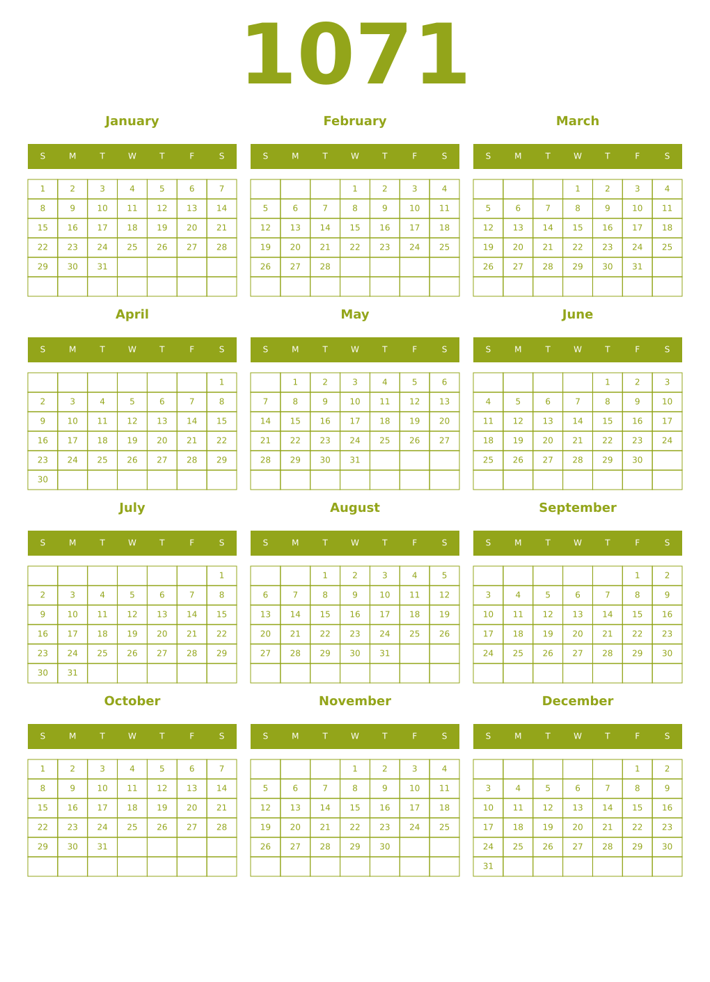 Printable 1071 Year Calendars chartreuse