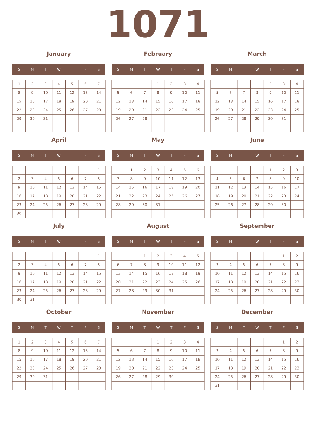 Printable 1071 Year Calendars coffe