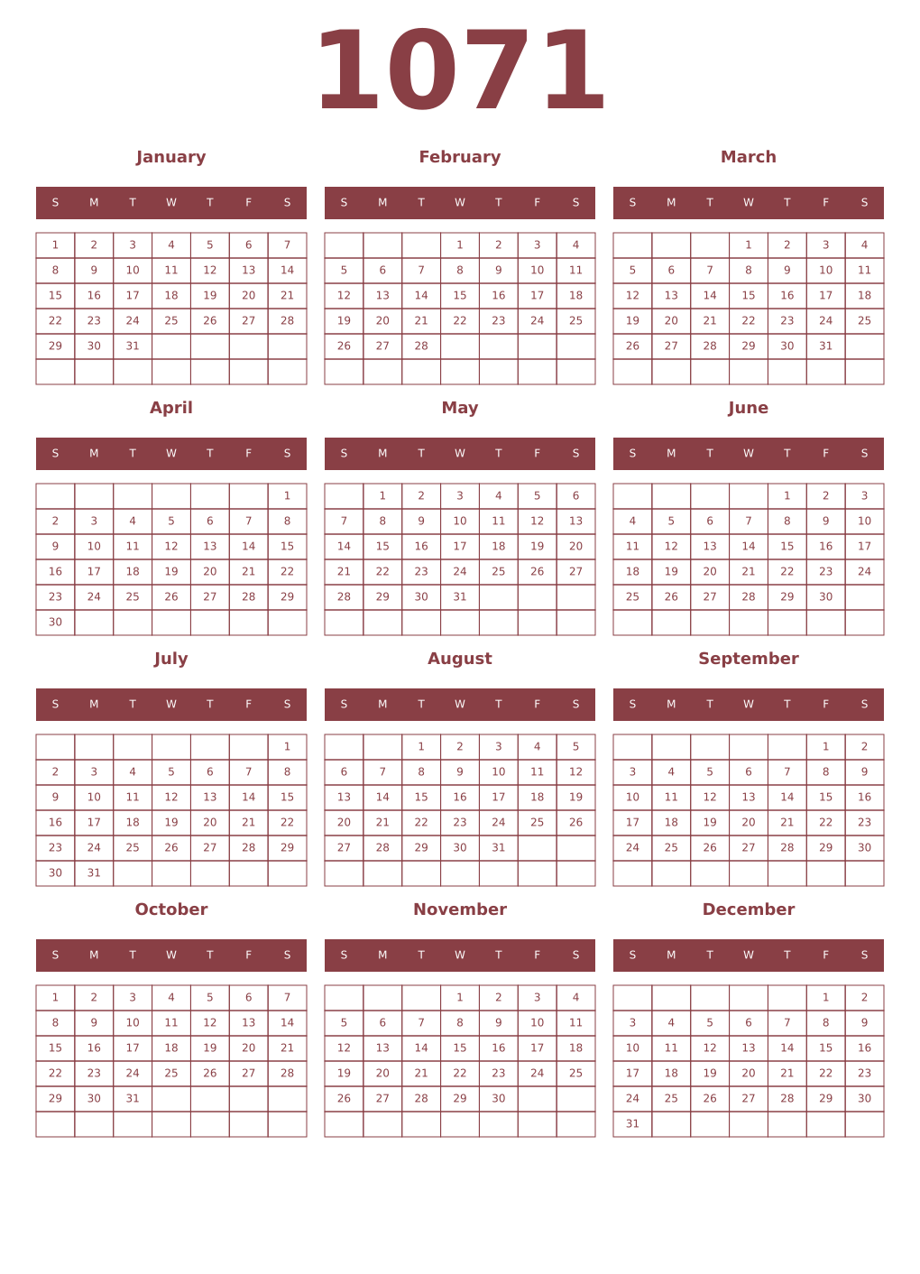 Printable 1071 Year Calendars cordovan