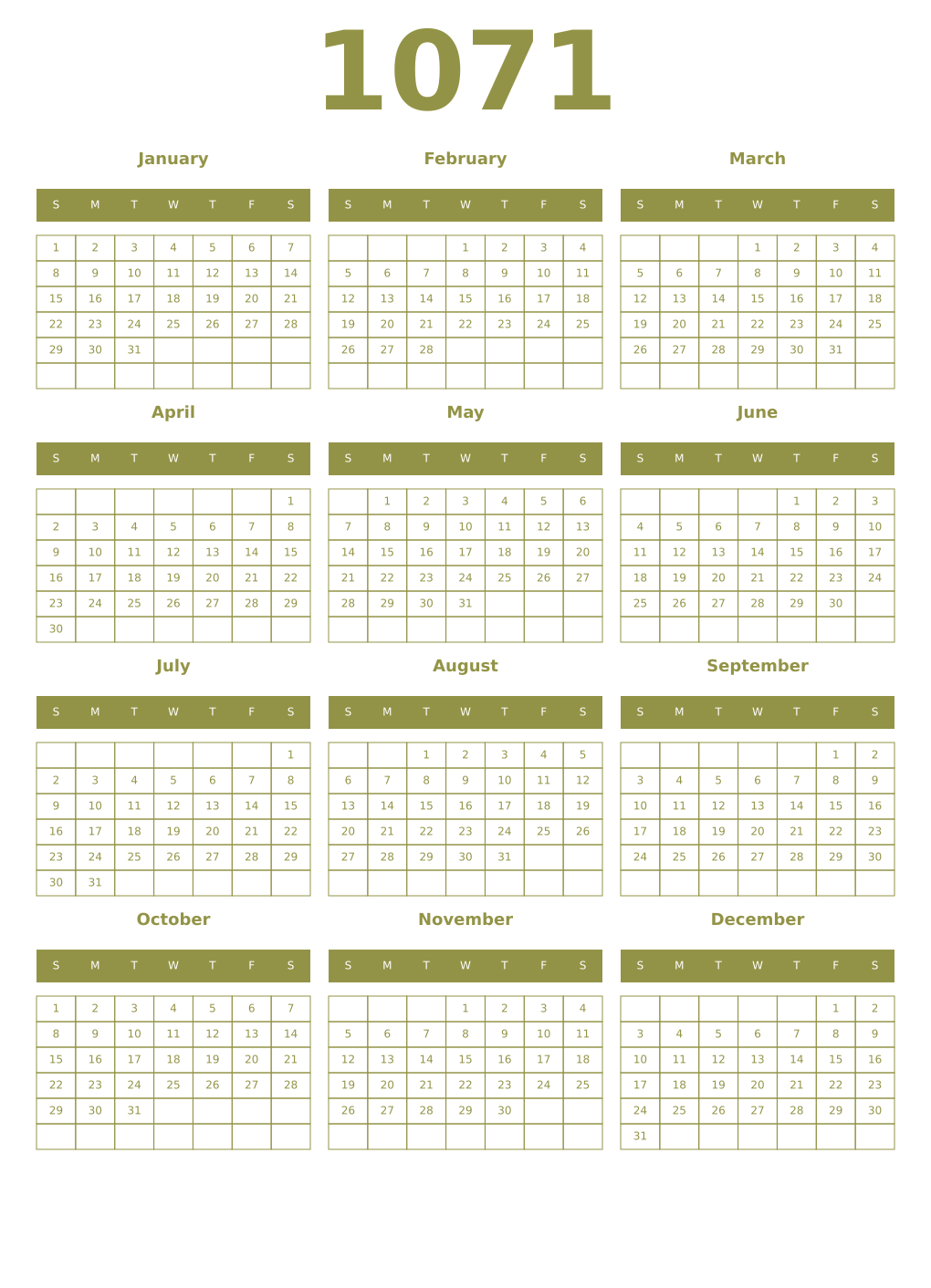 Printable 1071 Year Calendars eburnean