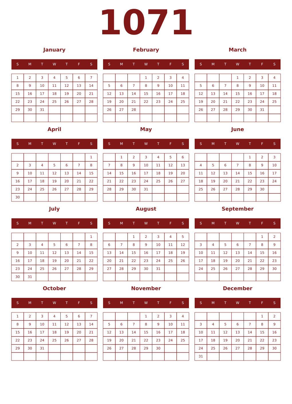 Printable 1071 Year Calendars falu