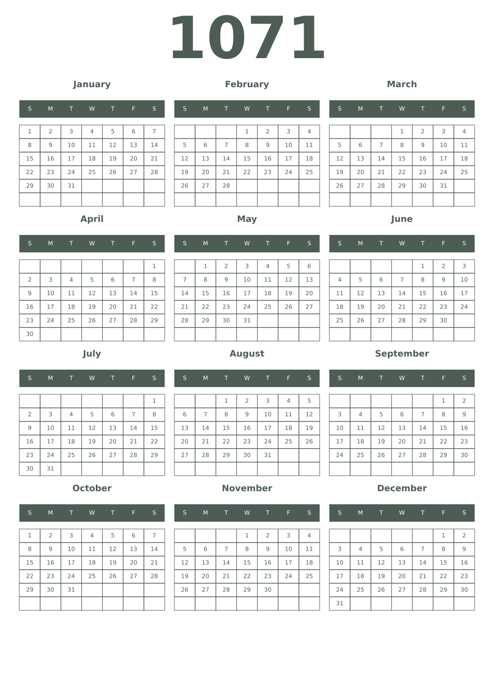 Printable 1071 Year Calendars feldgrau