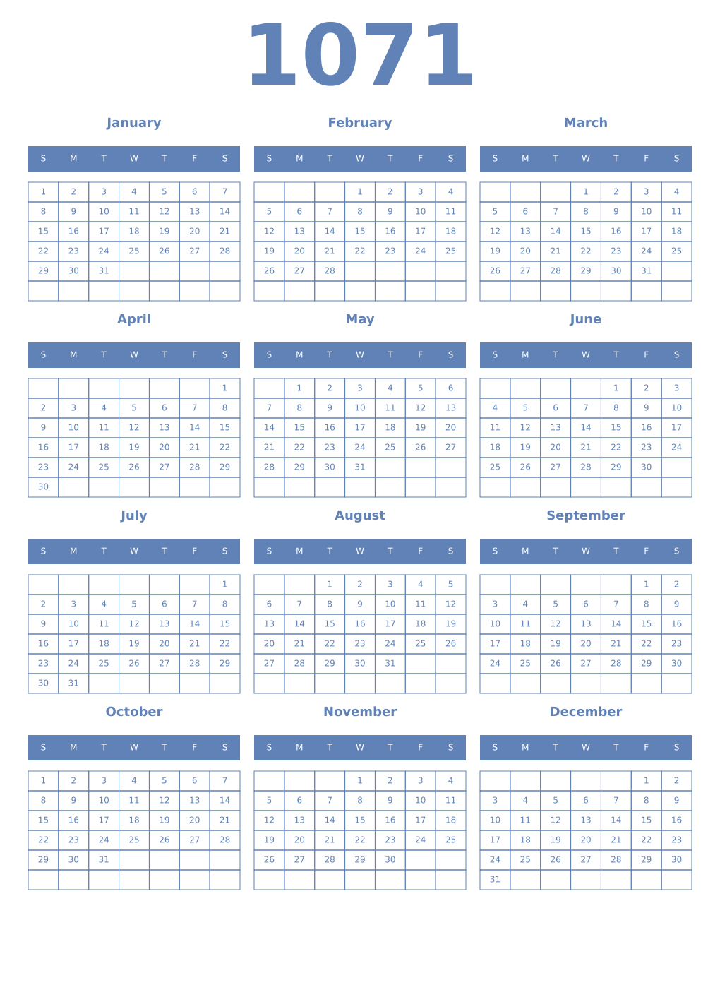 Printable 1071 Year Calendars glaucous