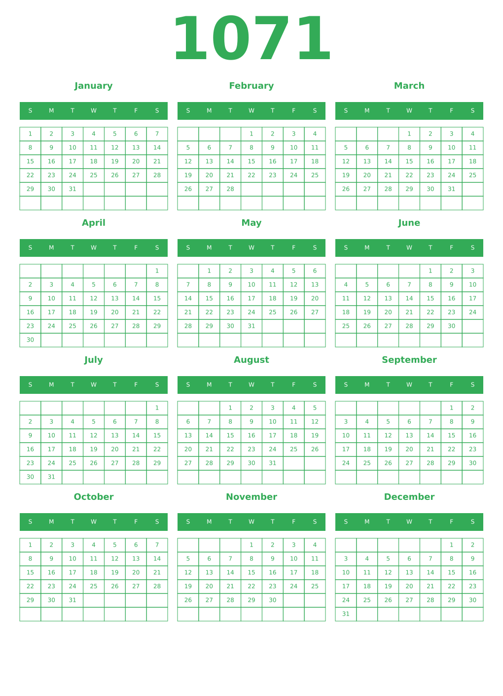 Printable 1071 Year Calendars green