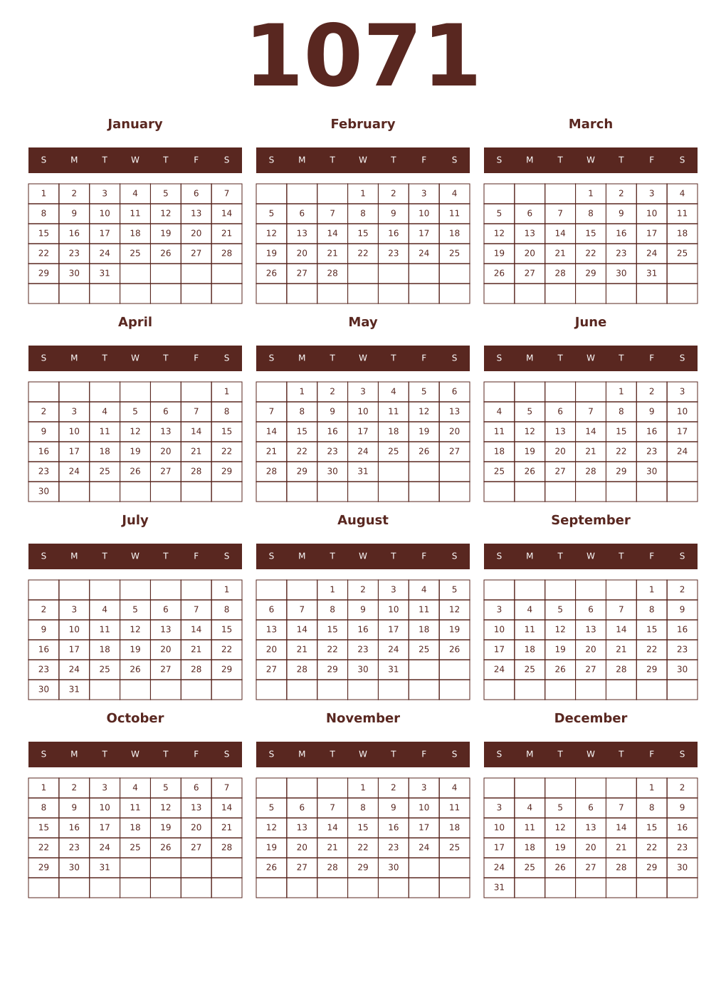 Printable 1071 Year Calendars mortuum