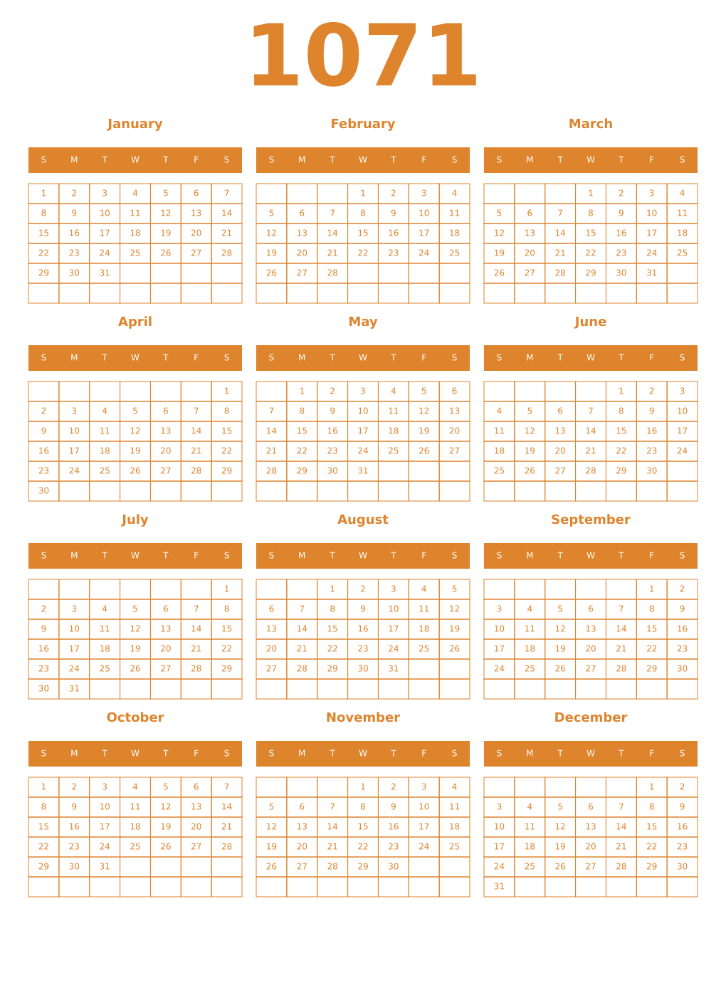 Printable 1071 Year Calendars orange