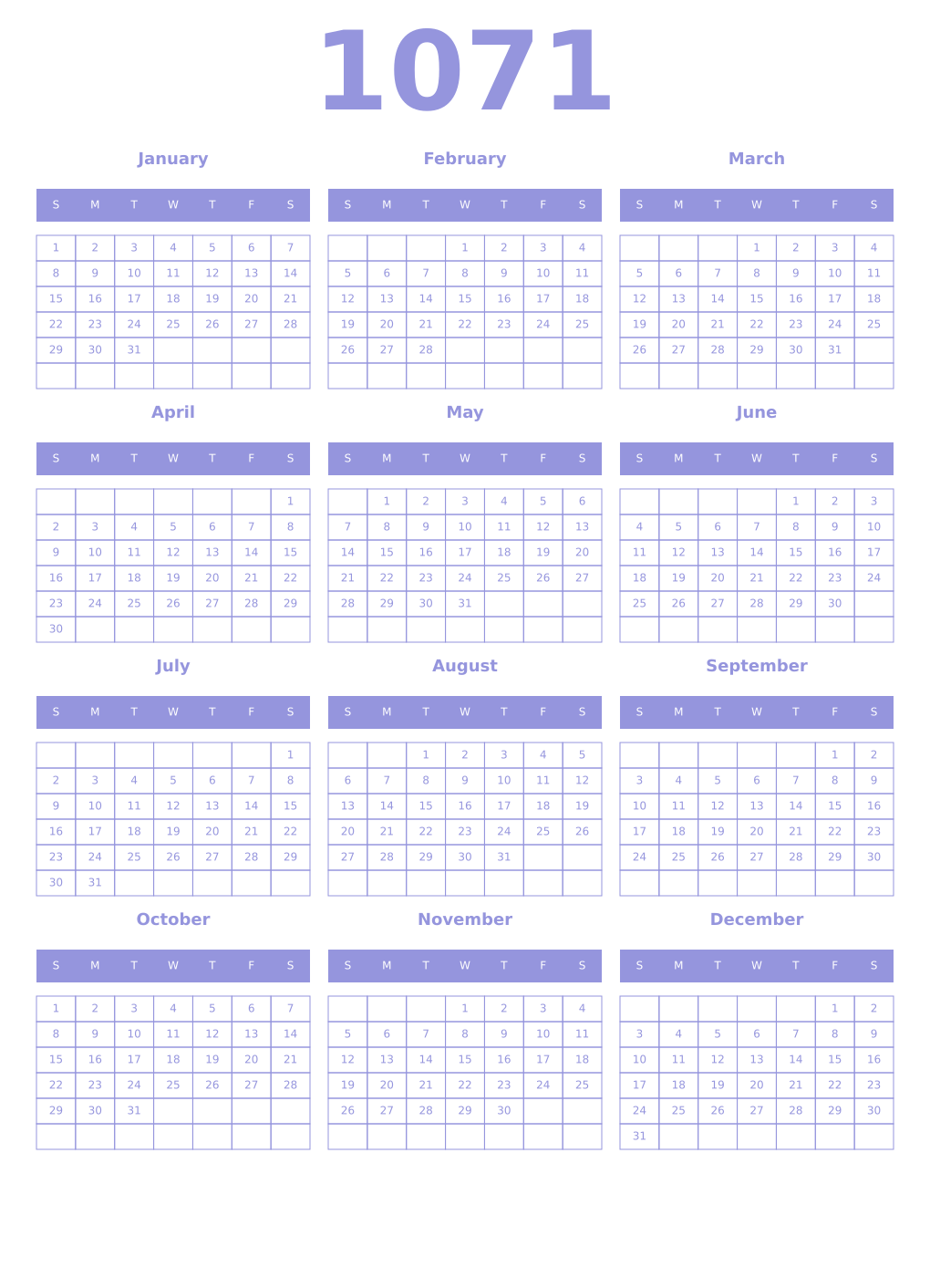 Printable 1071 Year Calendars periwinkle