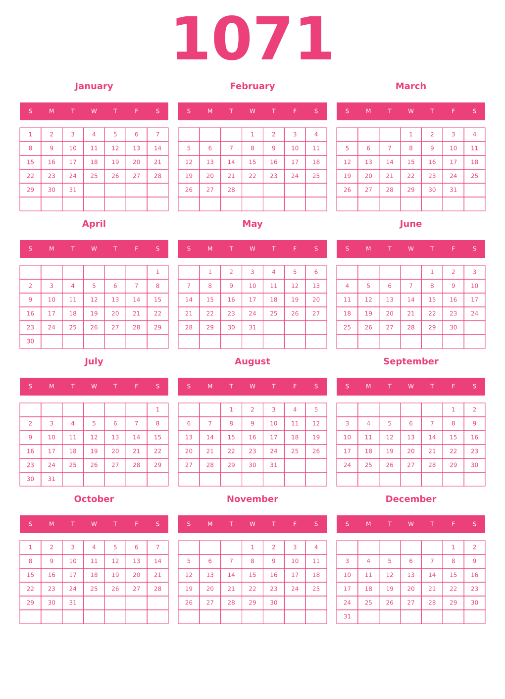 Printable 1071 Year Calendars pink