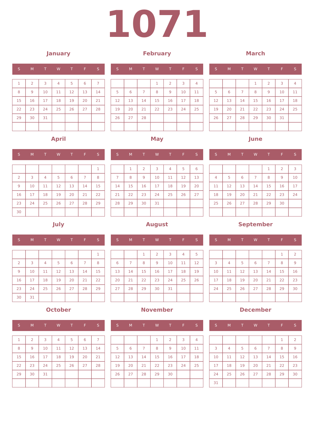 Printable 1071 Year Calendars puce