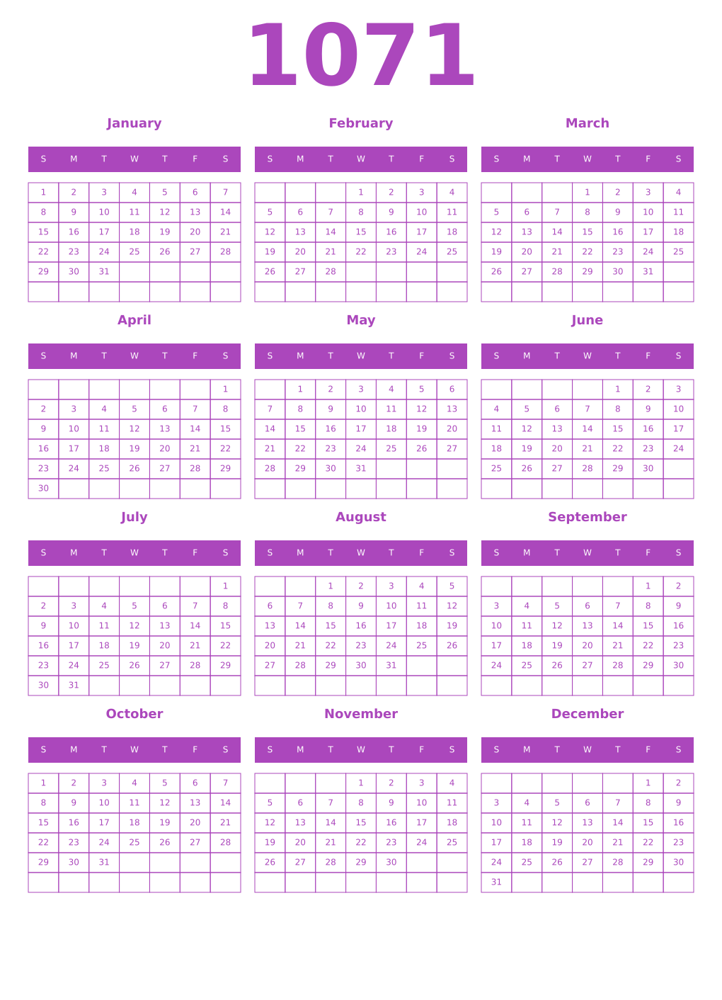 Printable 1071 Year Calendars purple