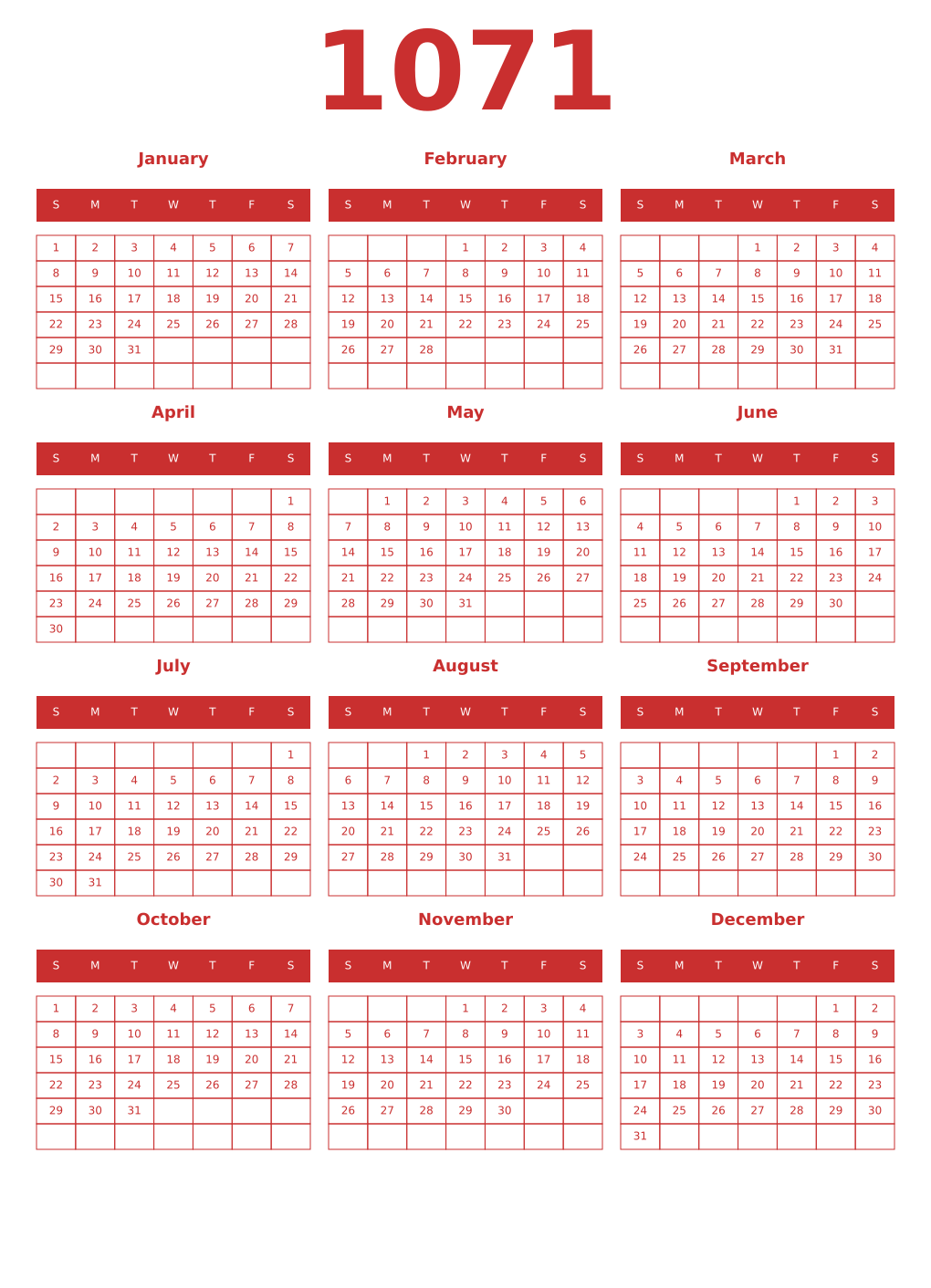 Printable 1071 Year Calendars red