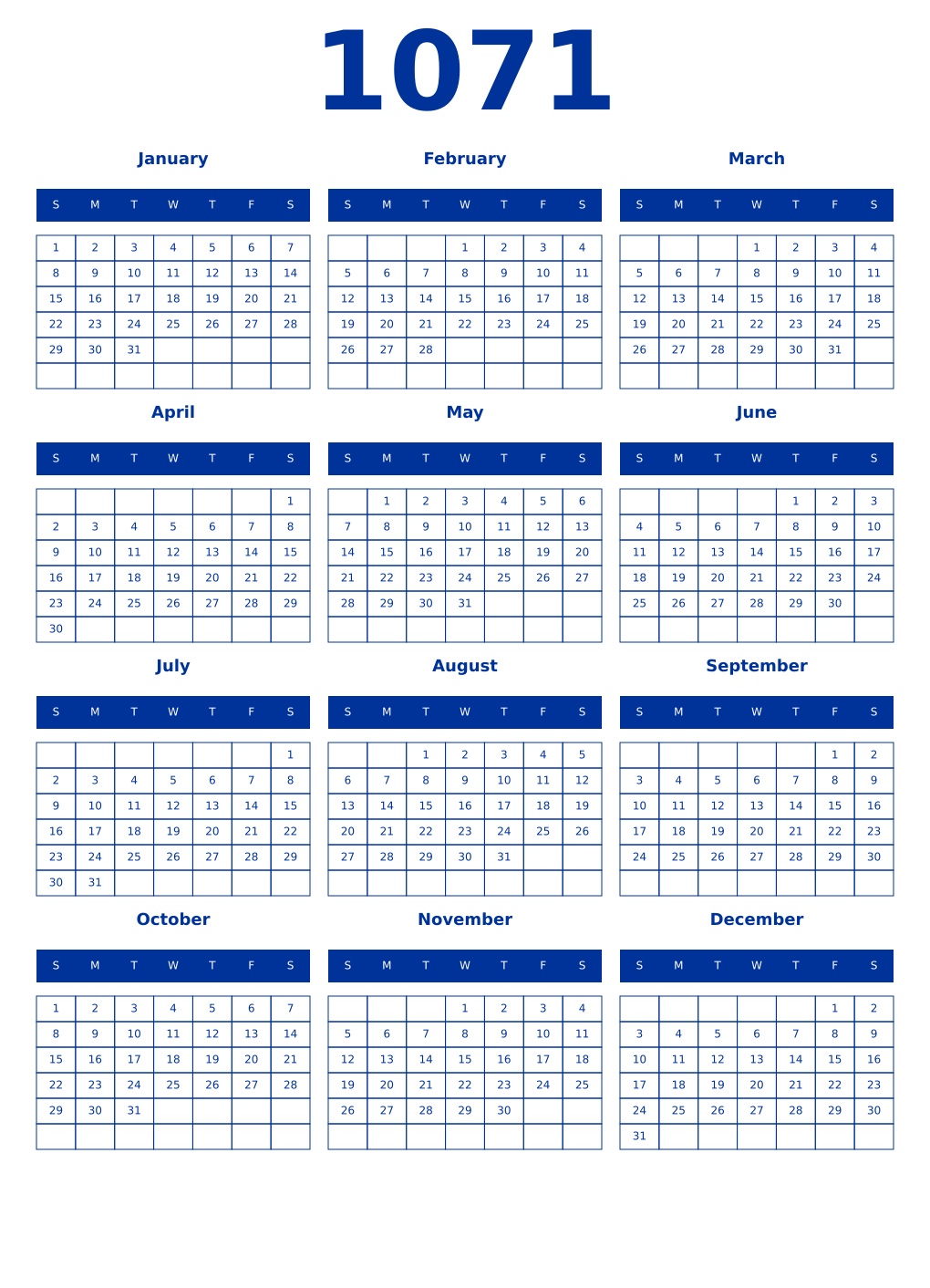 Printable 1071 Year Calendars smalt