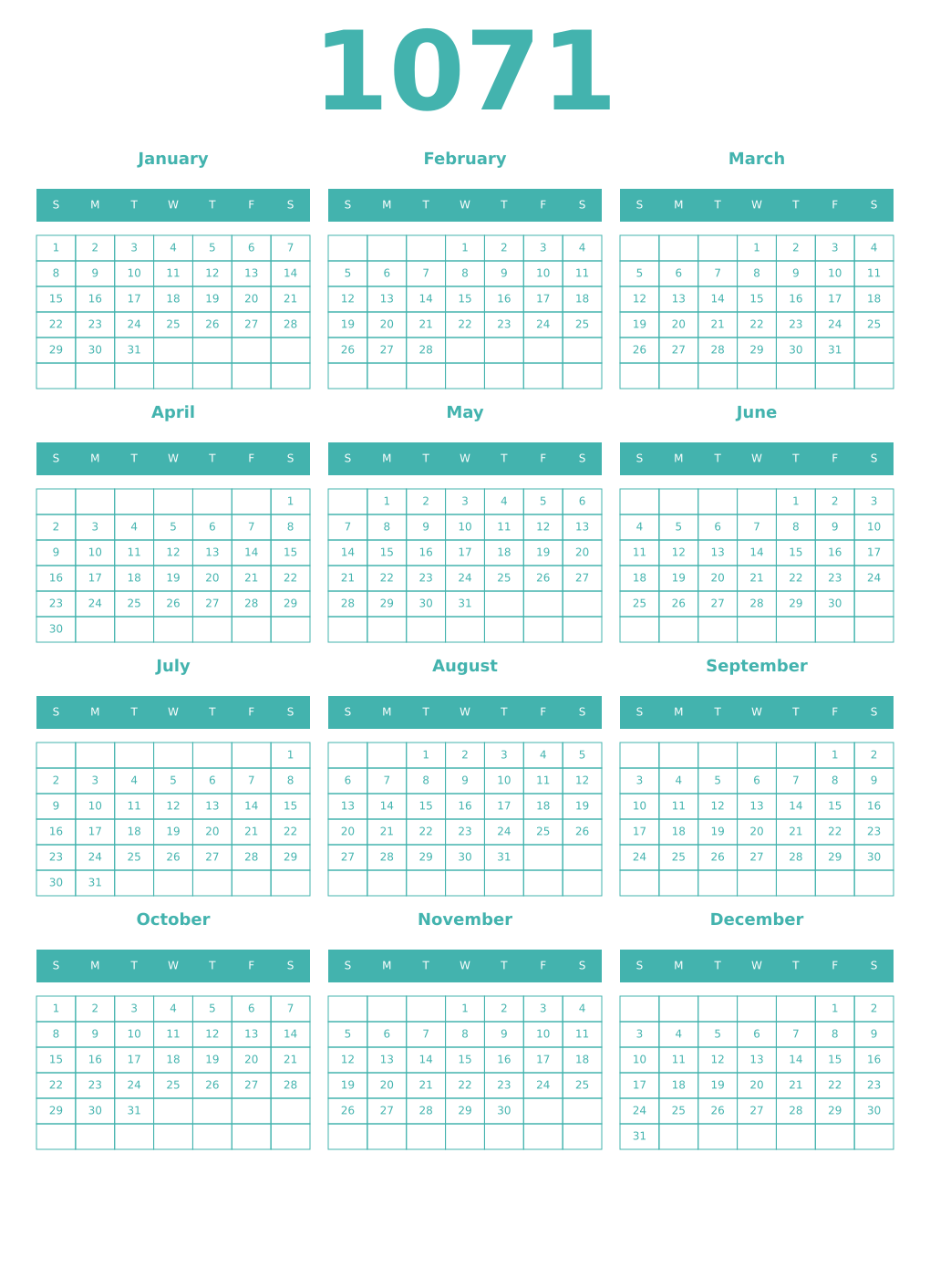 Printable 1071 Year Calendars verdigris