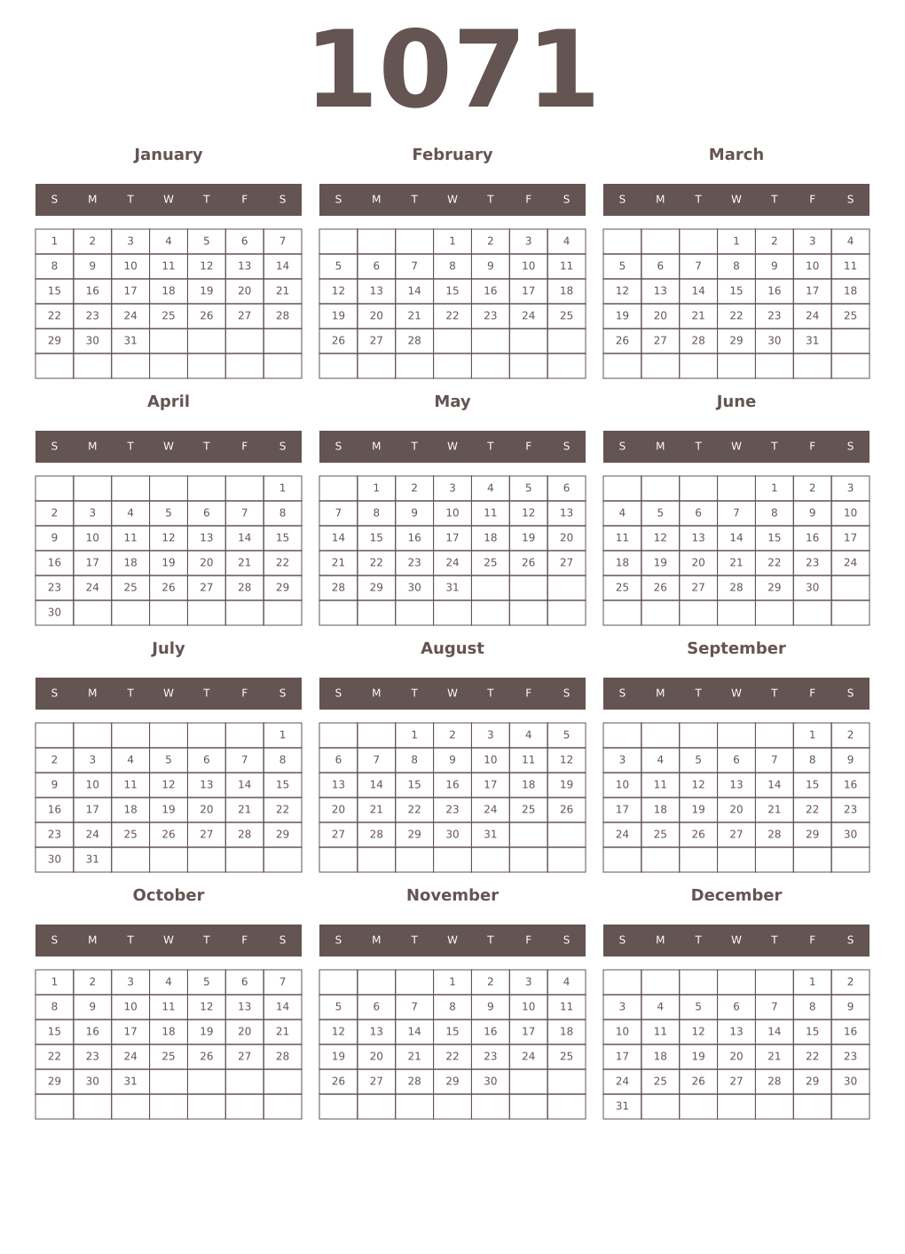 Printable 1071 Year Calendars wenge