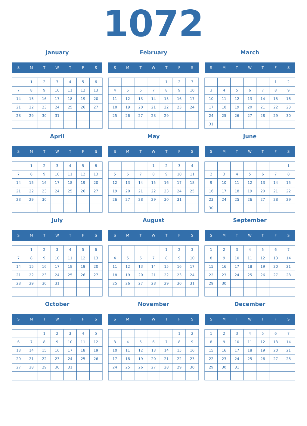 Printable 1072 Year Calendars blue