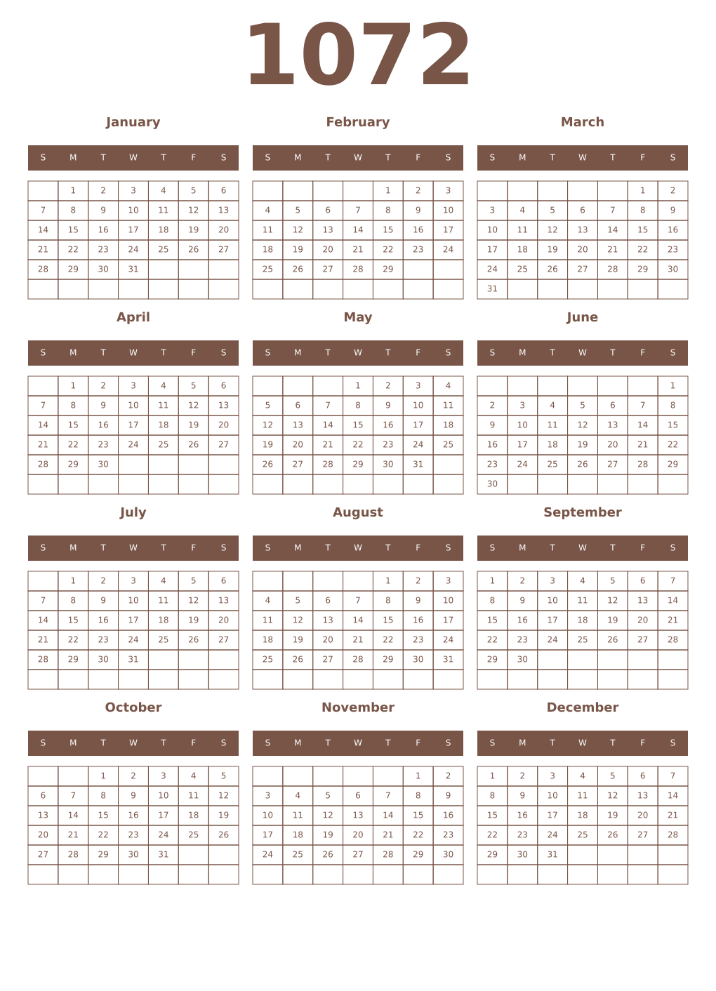 Printable 1072 Year Calendars coffe