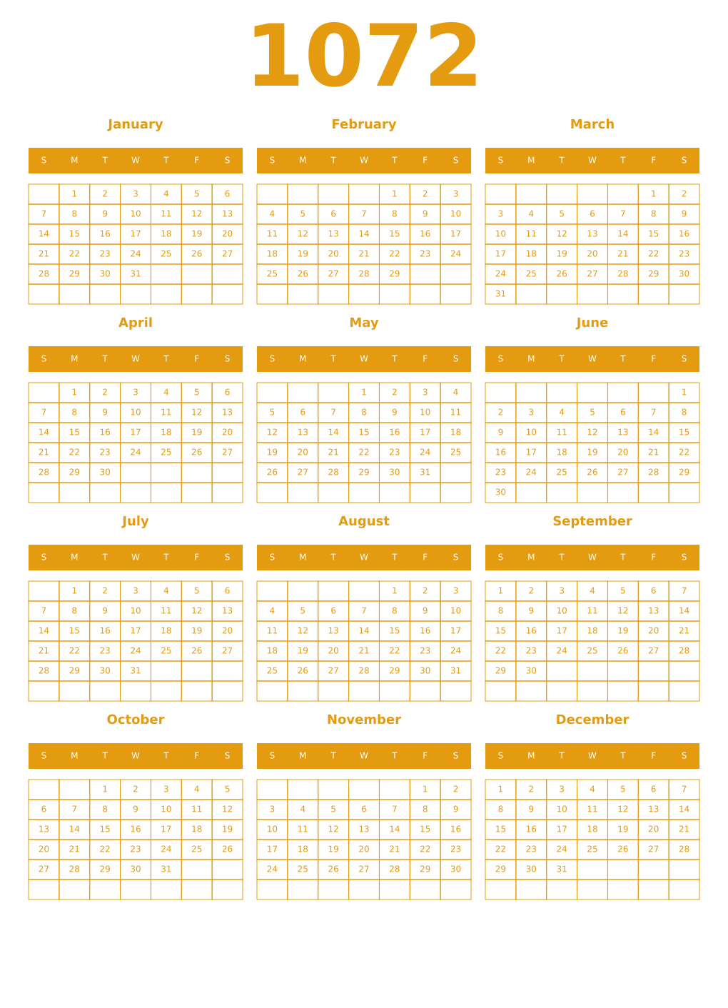 Printable 1072 Year Calendars gamboge