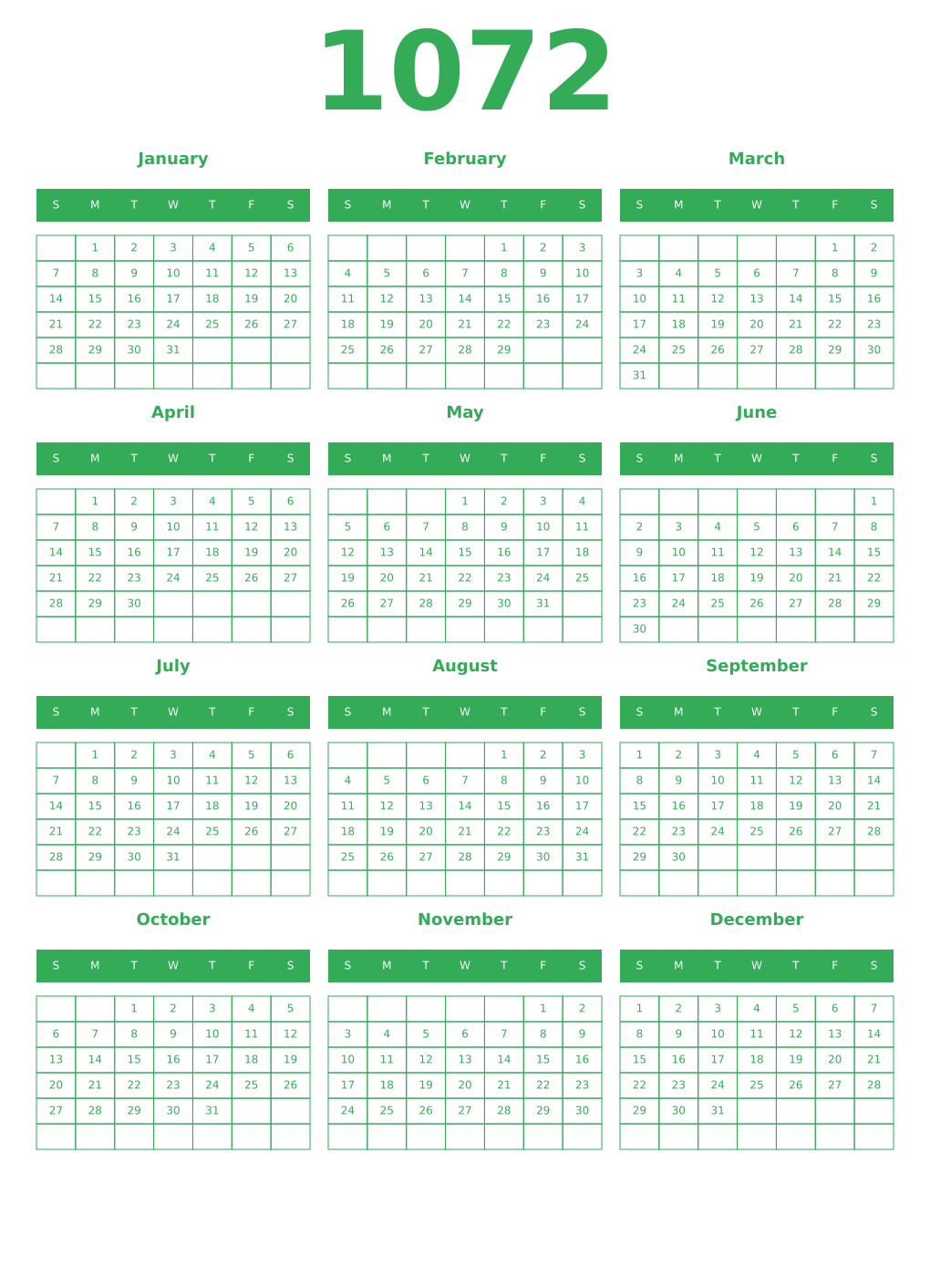 Printable 1072 Year Calendars green