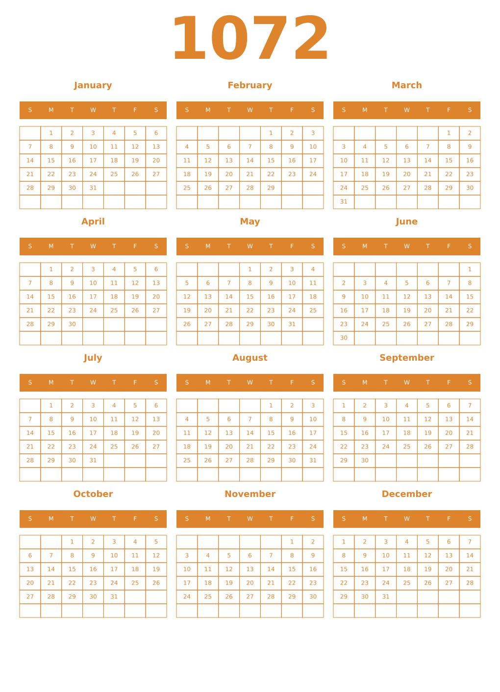 Printable 1072 Year Calendars orange