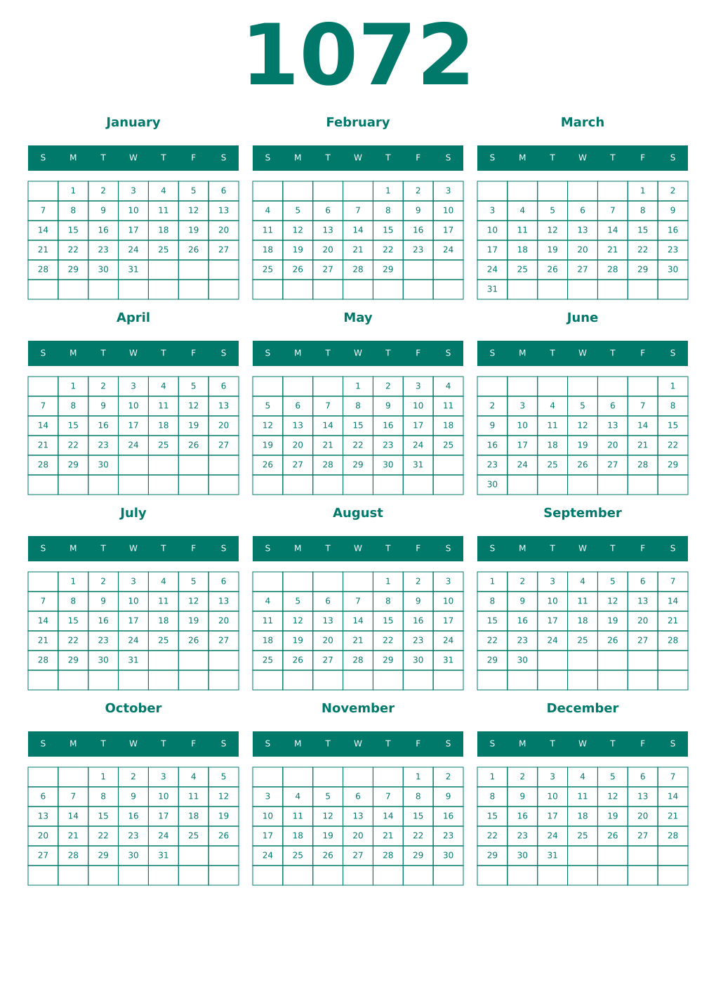 Printable 1072 Year Calendars pastel