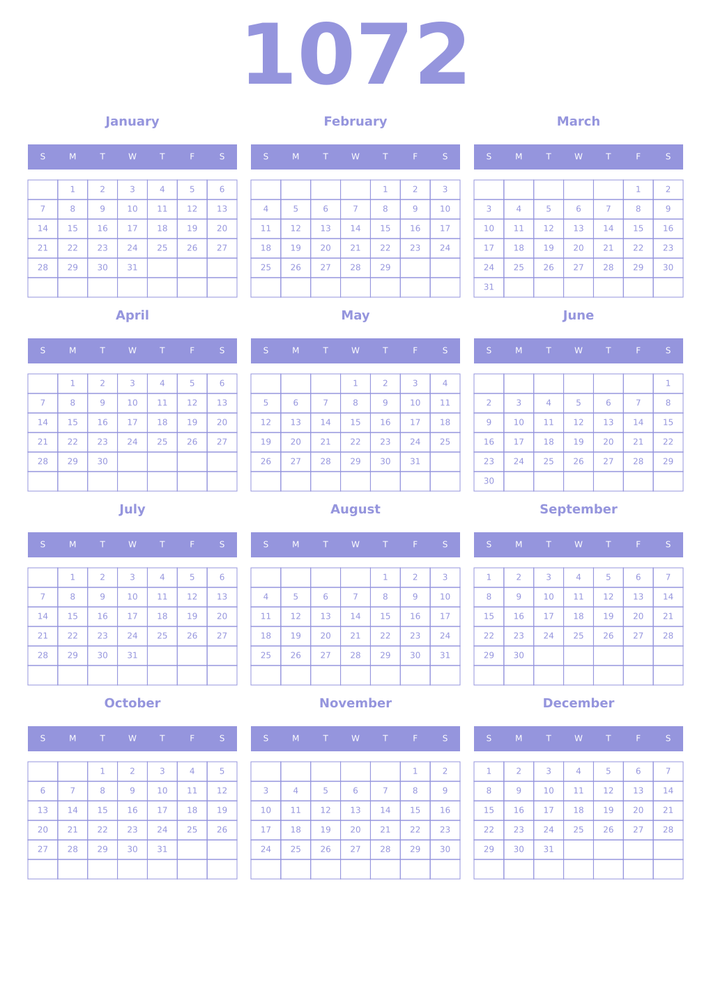 Printable 1072 Year Calendars periwinkle