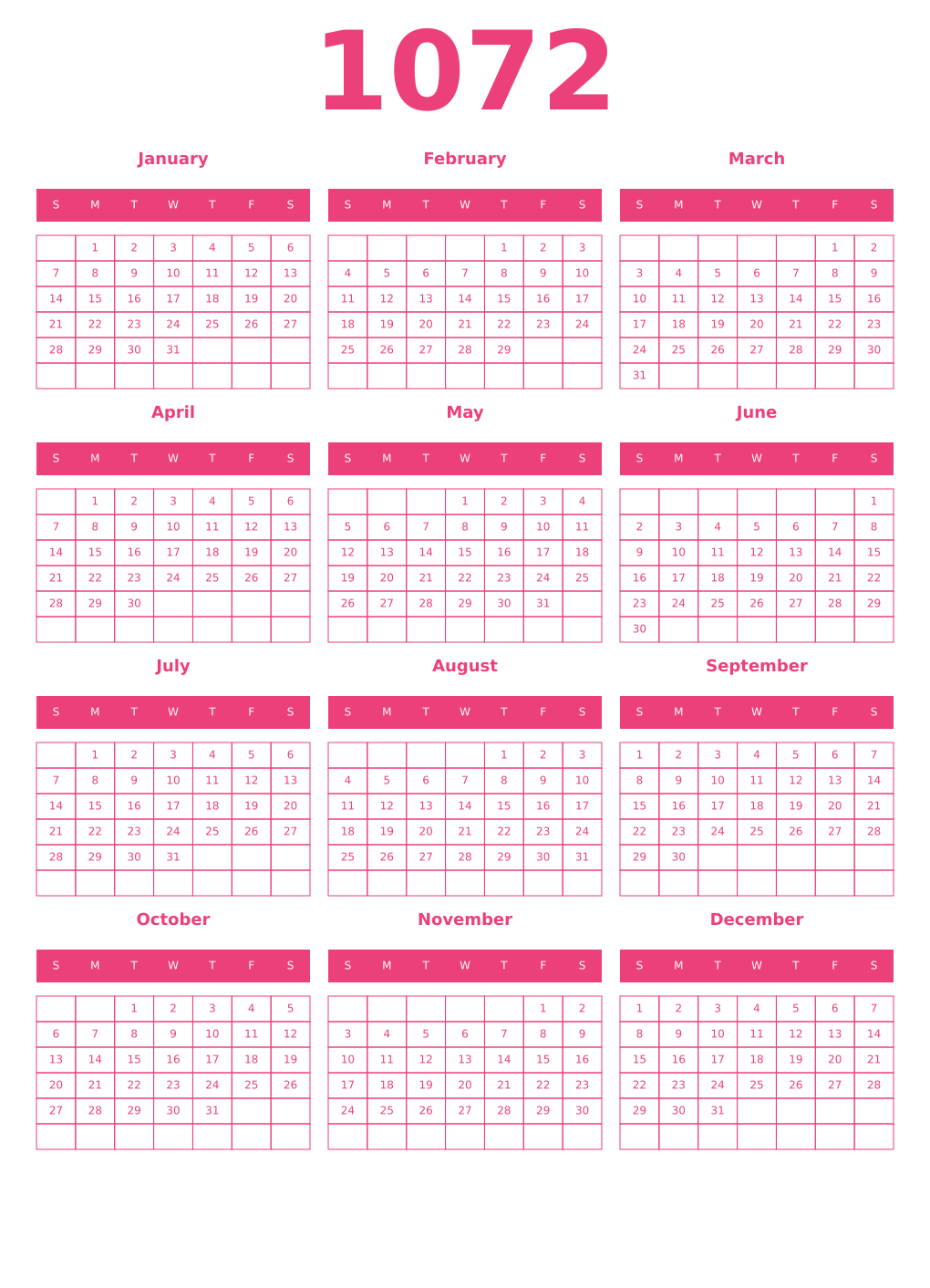 Printable 1072 Year Calendars pink